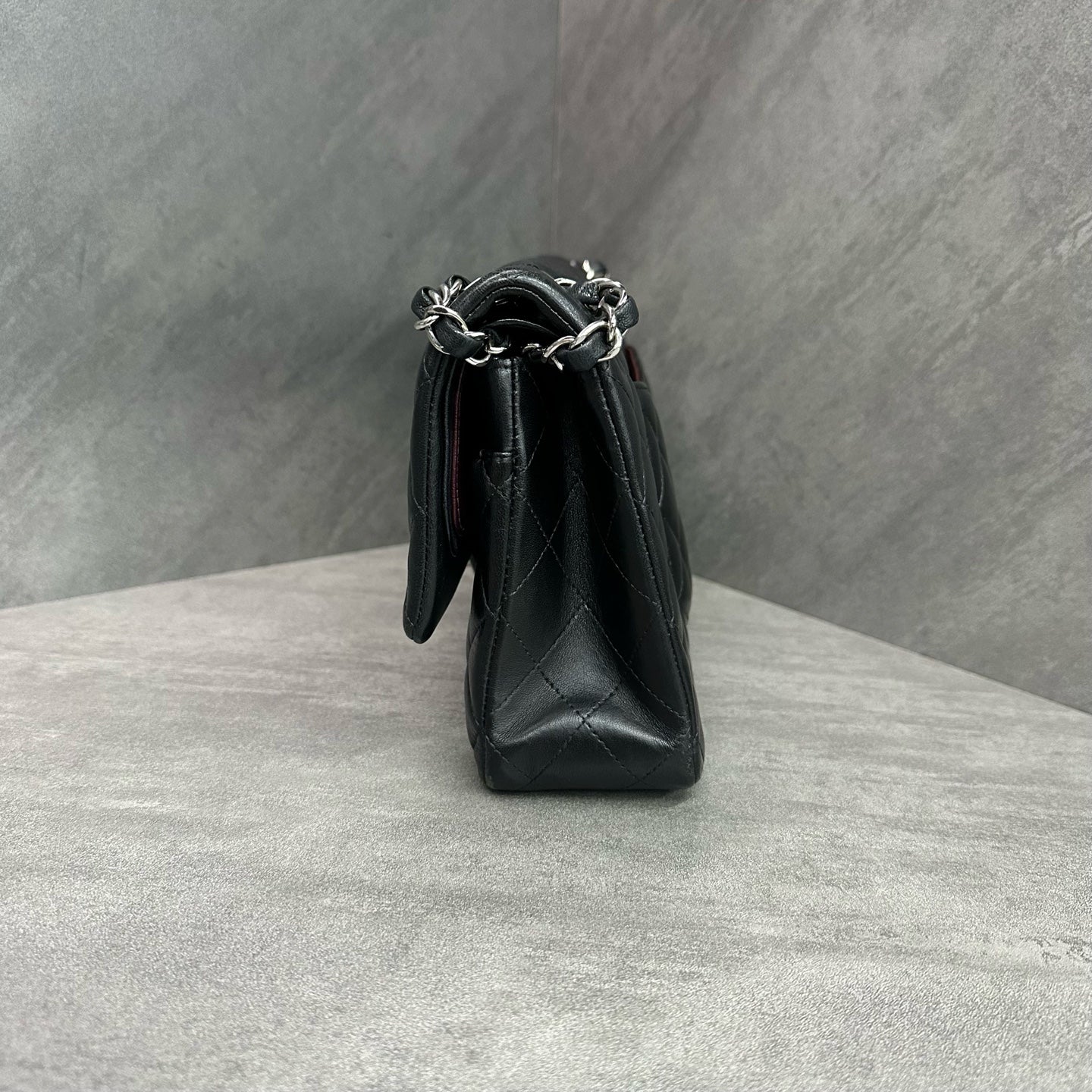 Chanel CF Medium Black and Silver Lambskin Chain Bag 27 Open, structured design, clean interior.