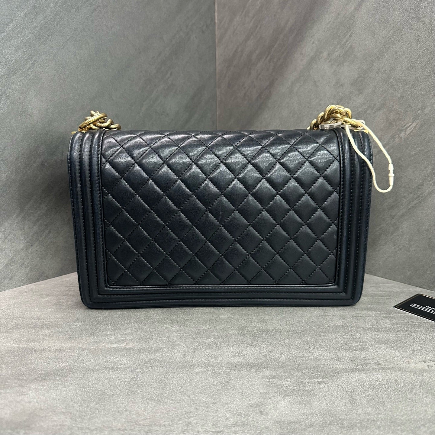 Chanel leboy medium-large black gold lambskin chain bag, 23 series with authenticity card, structured shape, clean interior