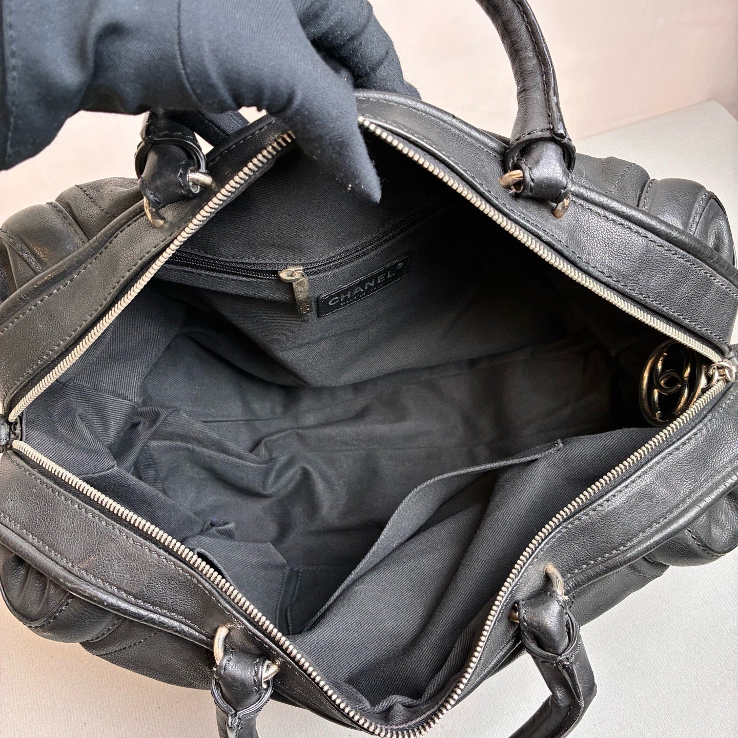 Chanel Black and Silver Bubble Check Bowling Boston Shoulder Bag 98% New Condition Size 36*20 cm