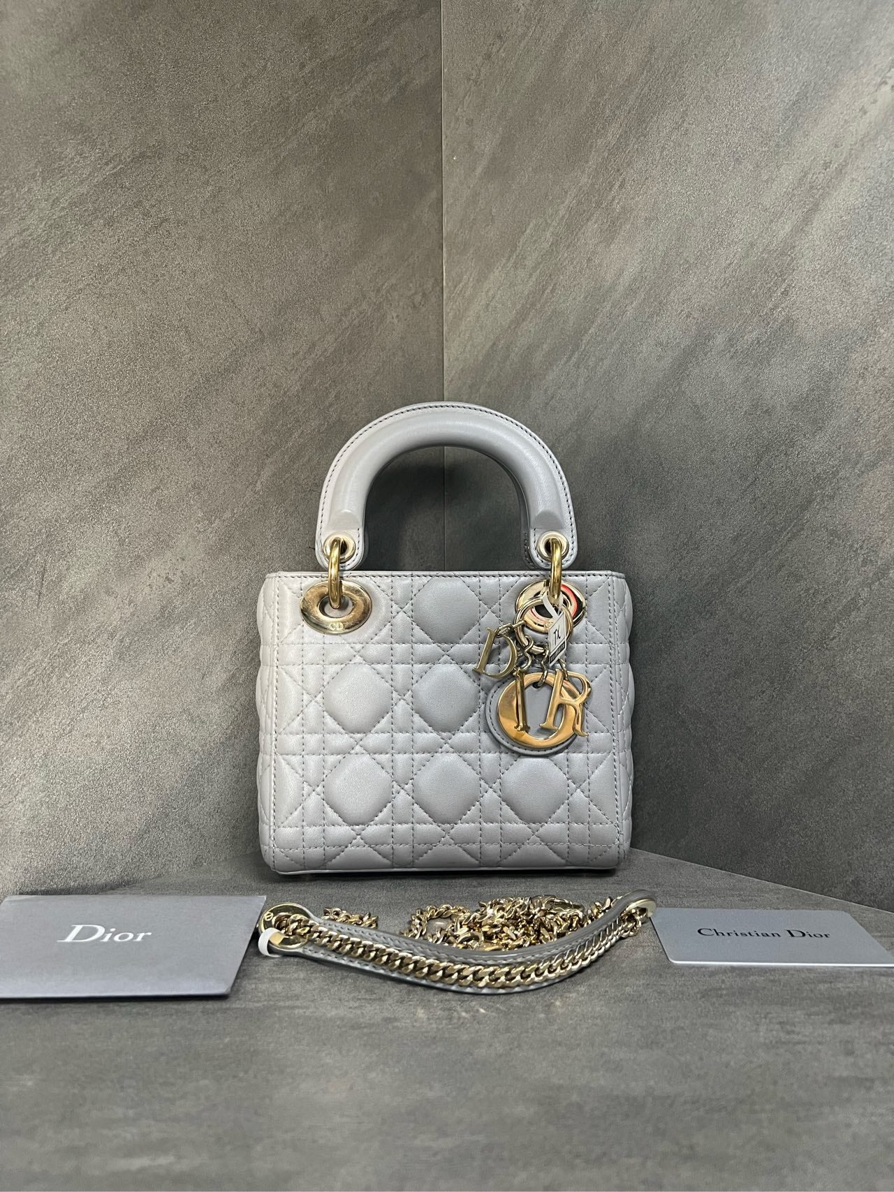 Dior Lady Dior Mini 3-grid Sheepskin Gray, 18 serial code, with authenticity card, chain shoulder strap