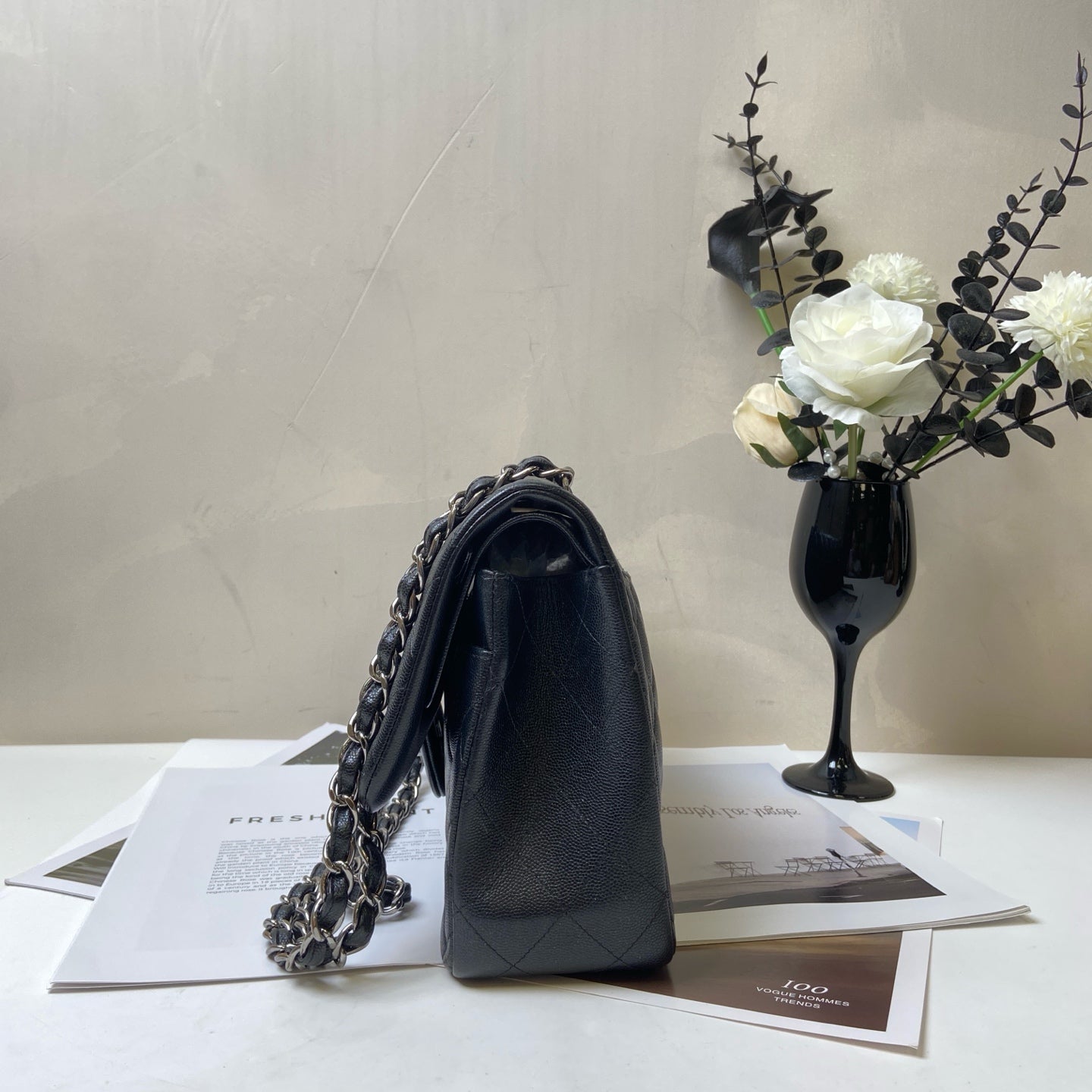 CHANEL 24K Black Silver Iridescent CF Chain Bag CF JUMBO Shoulder Bag 99% New Length of Bottom 30cm