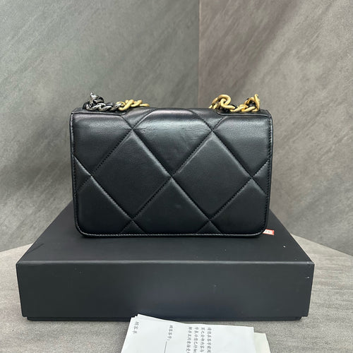 Chanel 19 Bag Black Quilted Lambskin WOC Gold-Tone Hardware Two-Tone Chain Microchipped Full Set