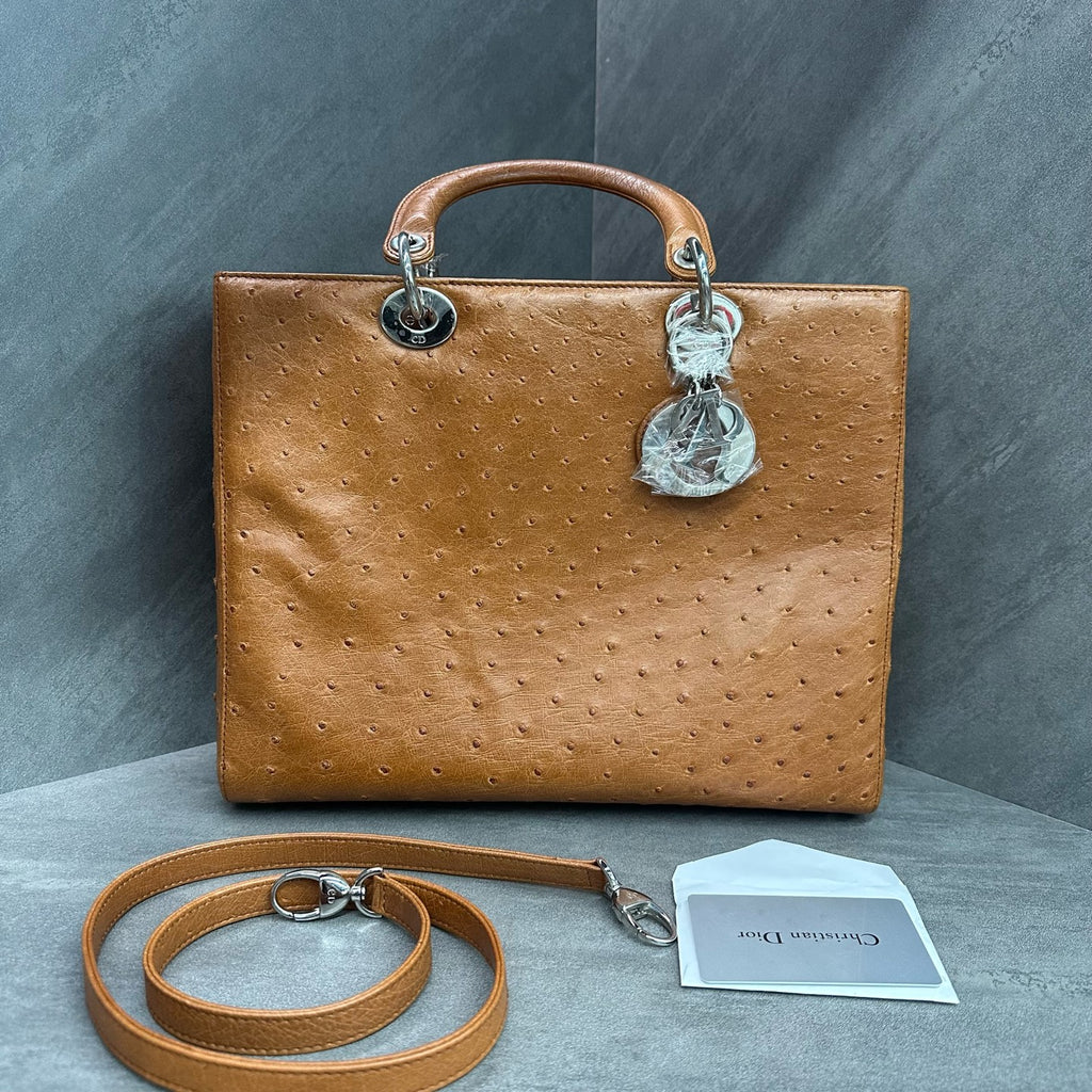 Dior Seven-grid Lady Dior Bag, Brown with Silver Hardware, Ostrich Leather, 2011 Serial Code