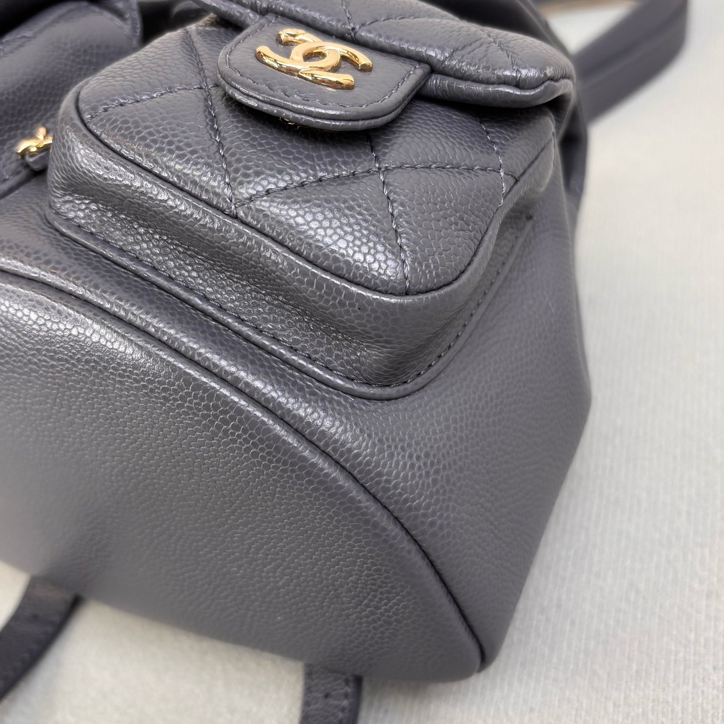 Chanel Duma Frog Bag Small Backpack in Grey and Gold Litchi Leather, 99% New, Size 18*17.