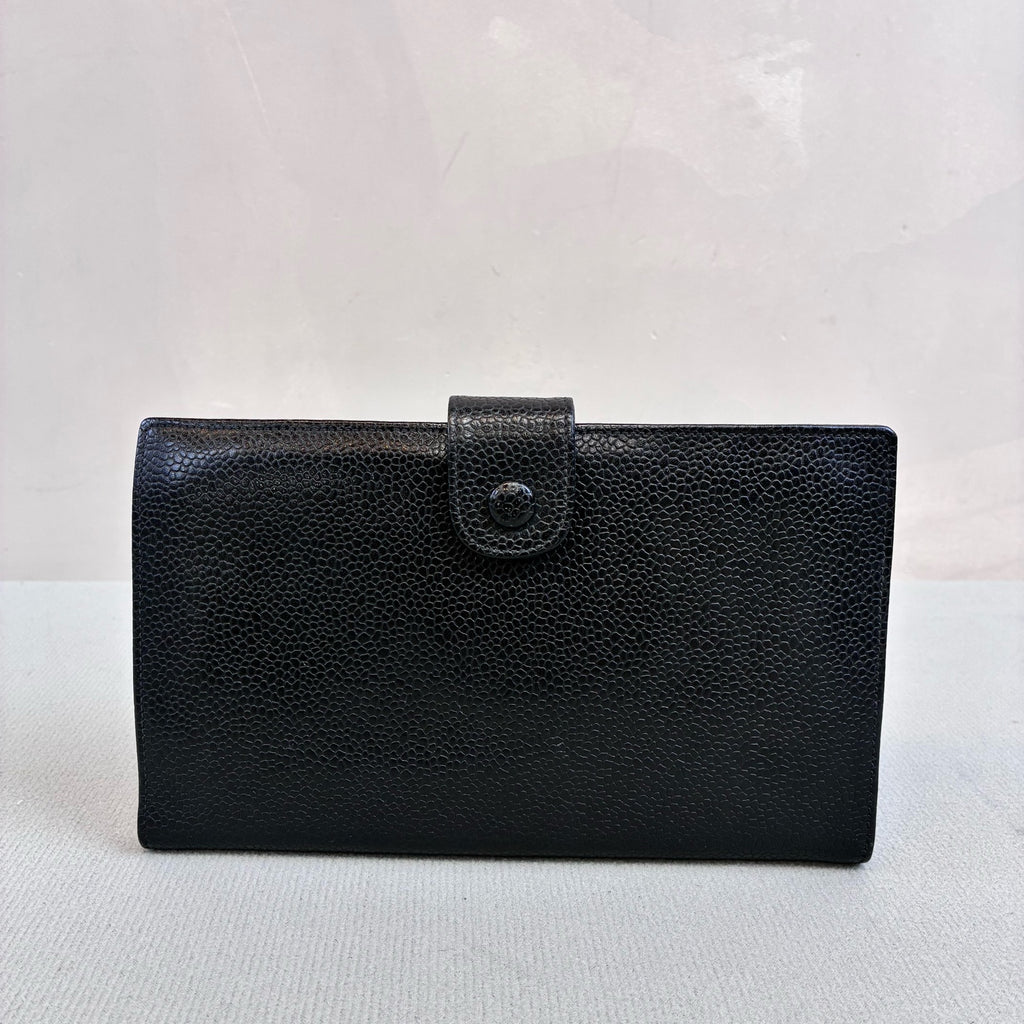Chanel 4-Fold Vintage Wallet Litchi Grain Leather Black Size 18*10