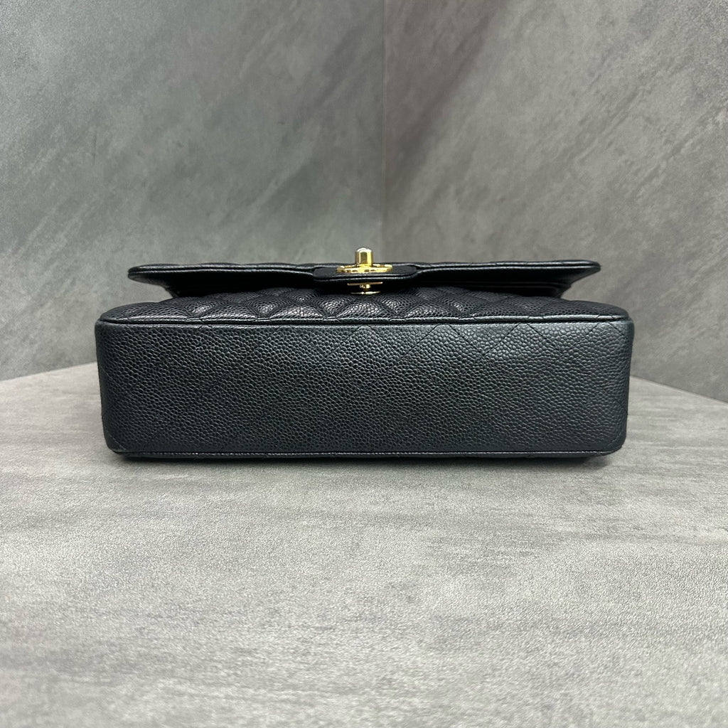 Chanel CF Medium Black Gold Litchi Leather Chain Bag, 19-series with authenticity card, structured shape, clean interior