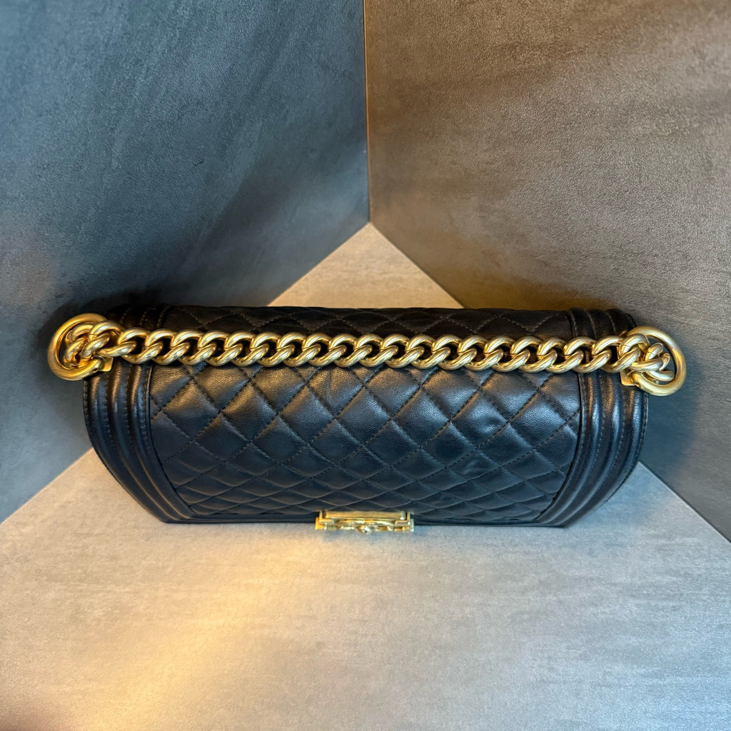 Chanel Black Gold Leboy Medium Lambskin, Date Code 21, Structured Shape, Clean Interior, In Stock at Great Price