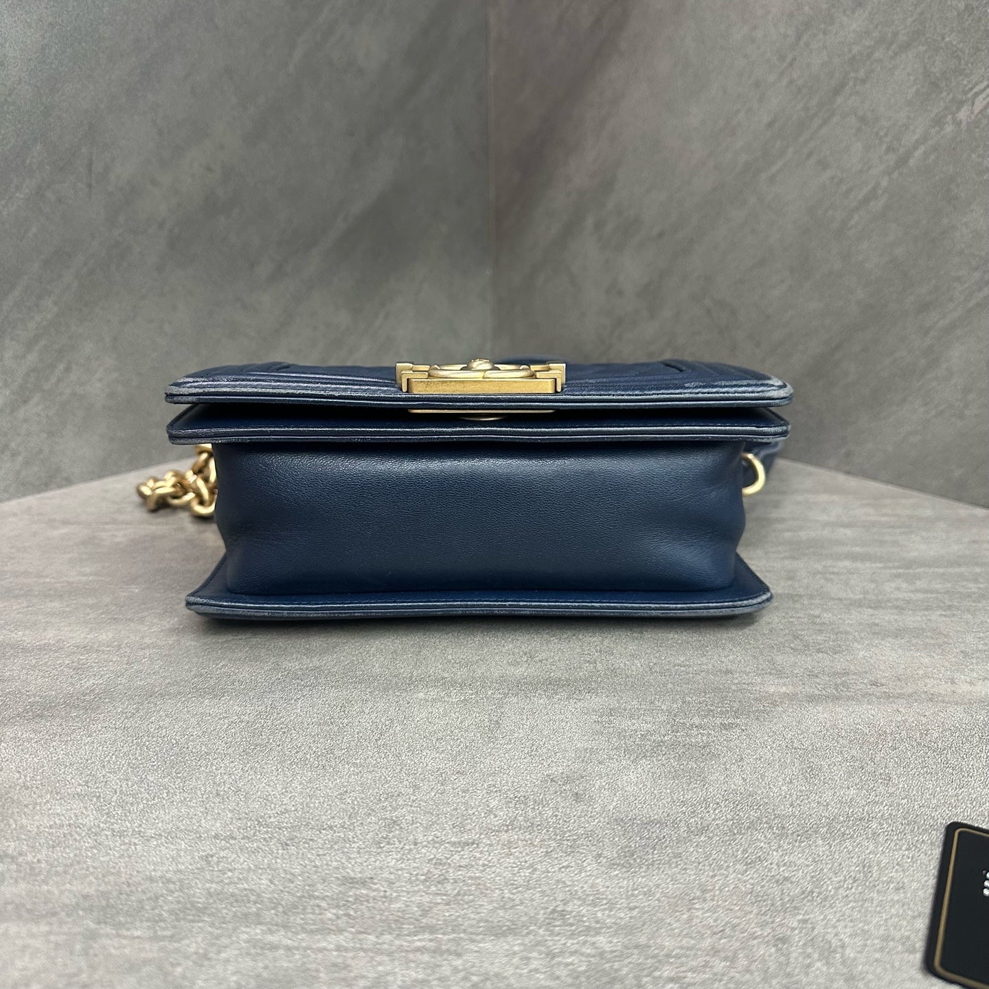 Chanel Le Boy Small Blue Golden Calfskin Chain Bag 24K with Card, Structured Shape, Clean Interior