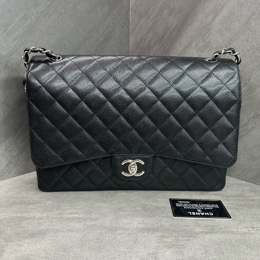 Chanel CF Maxi Black Silver Hardware Caviar Leather Chain Bag 15 Series with Card, structured shape, clean interior.