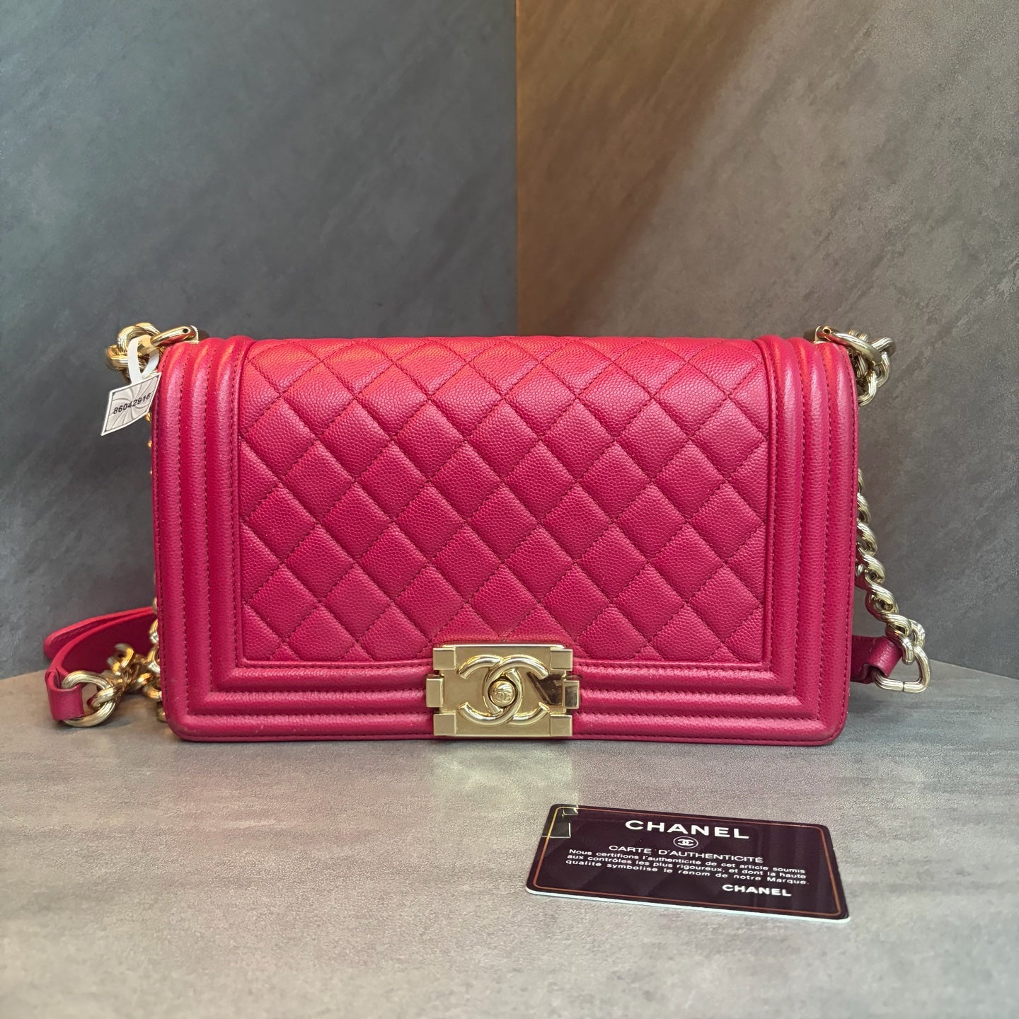 Chanel leboy fuchsia pink, 23 series with authenticity card, structured silhouette, clean interior, in stock