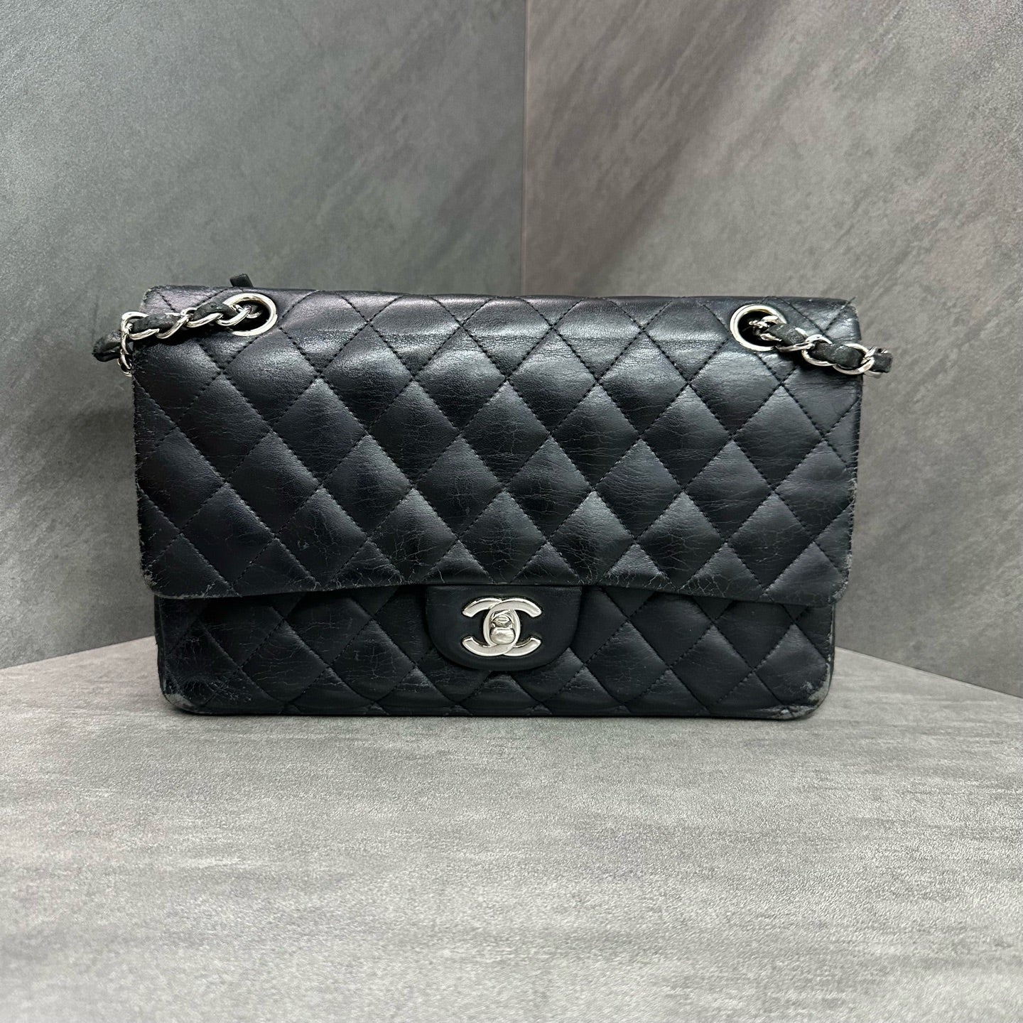 Chanel CF Medium Black Silver Lambskin Chain Bag, 15 Series