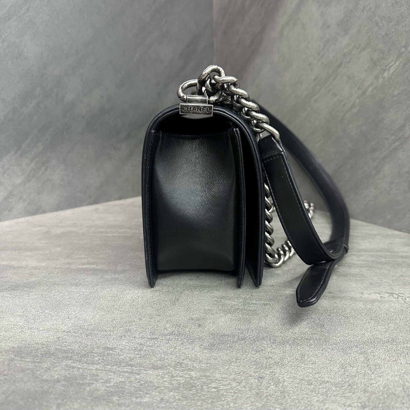 Chanel leboy medium size black silver-tone hardware lambskin chain bag, structured silhouette, 16-open