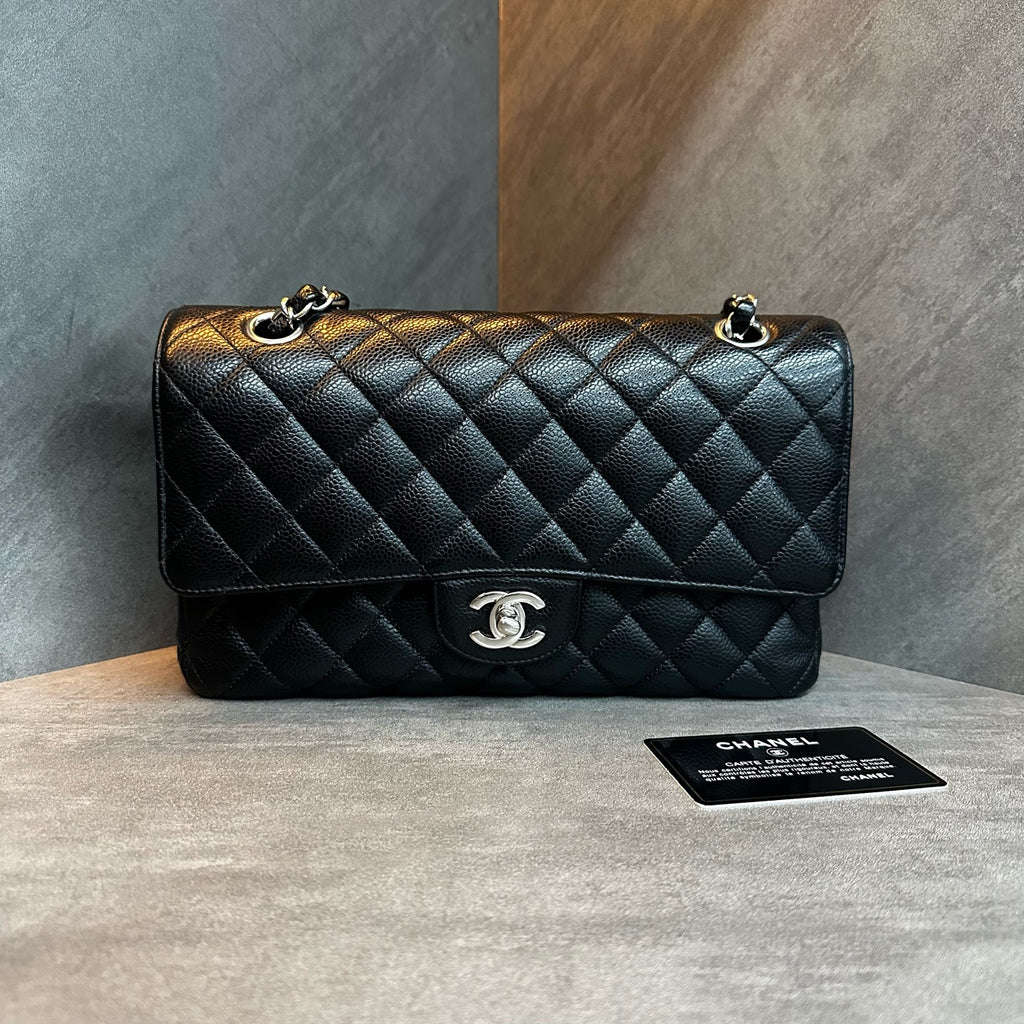 Chanel Medium Classic Flap, Black with Silver Hardware, Caviar Leather, 26 Series with Authenticity Card, Structured Shape, Clean Interior
