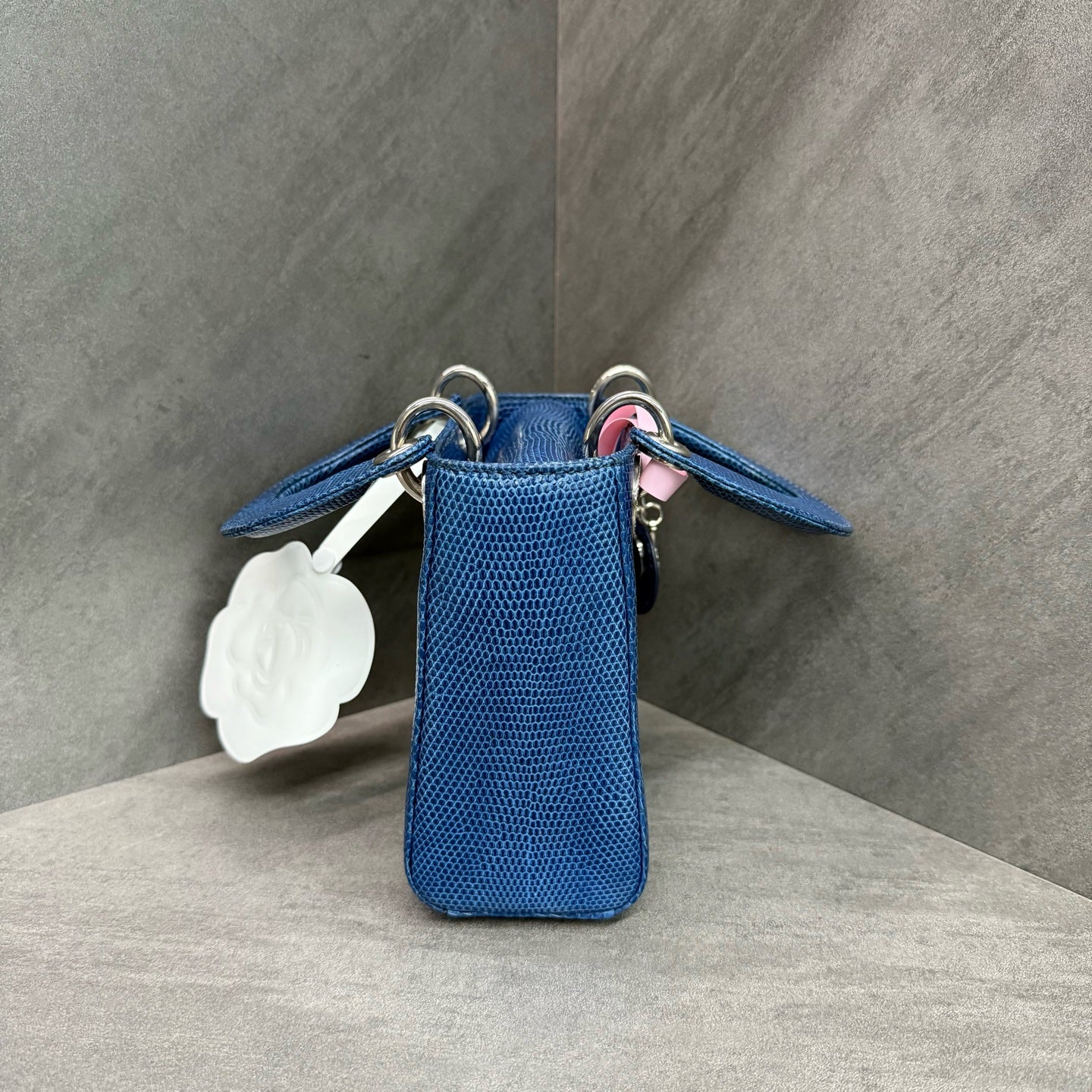 Dior Lady Dior Small (Three-Grid) Blue Diamond-Clasp Lizard Skin Handbag, with structured silhouette, clean interior, 15-series serial code, adjustable shoulder strap