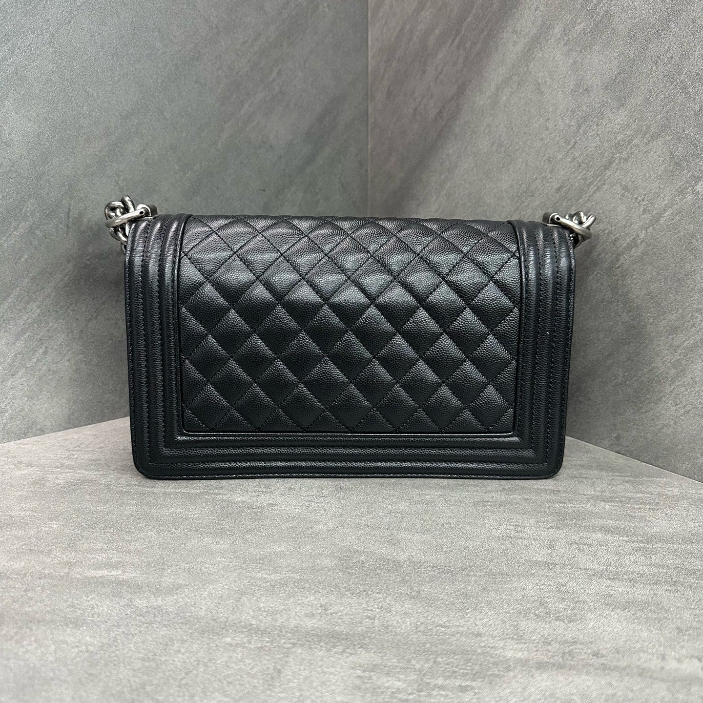 Chanel Leboy medium size, black silver grained calfskin, microchipped version, structured silhouette, clean interior
