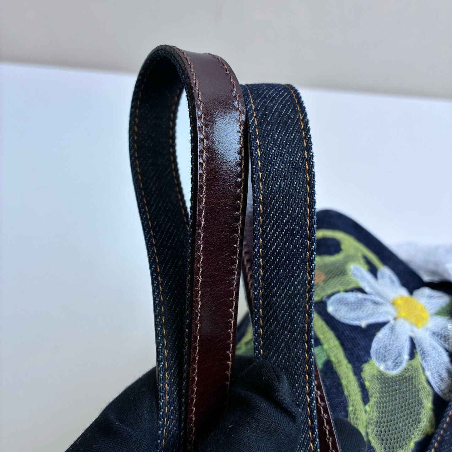Fendi Baguette Denim Lace Flower Baguette Crossbody Bag 99% New Size: 30*12 Dark Blue