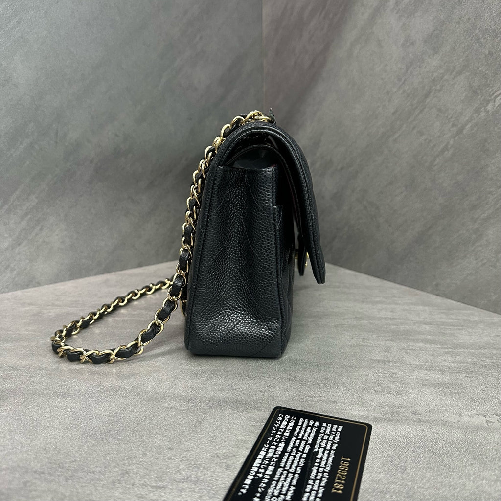 Chanel CF Medium Black Gold Litchi Leather Chain Bag, 19-series with authenticity card, structured shape, clean interior