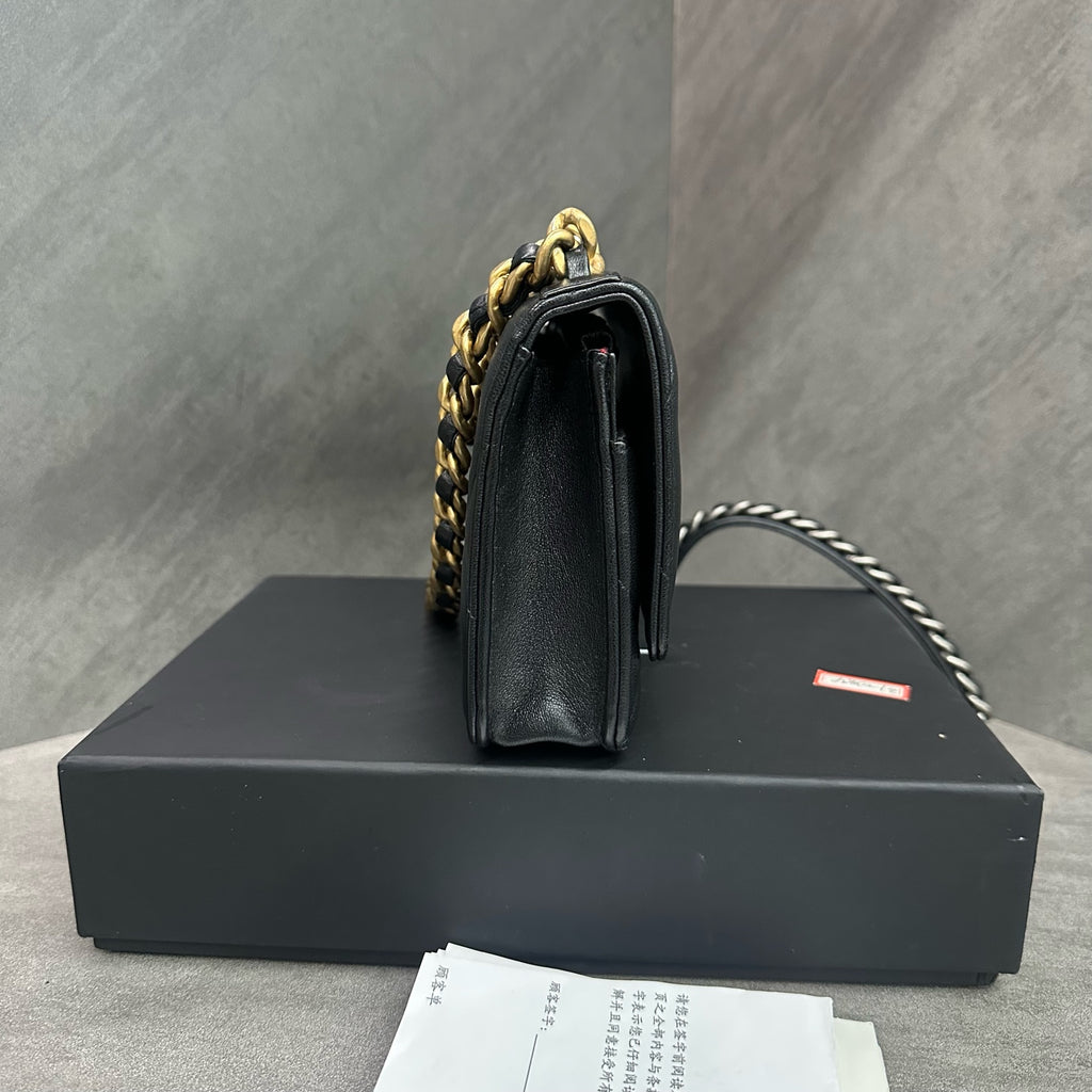 Chanel 19 Bag Black Quilted Lambskin WOC Gold-Tone Hardware Two-Tone Chain Microchipped Full Set