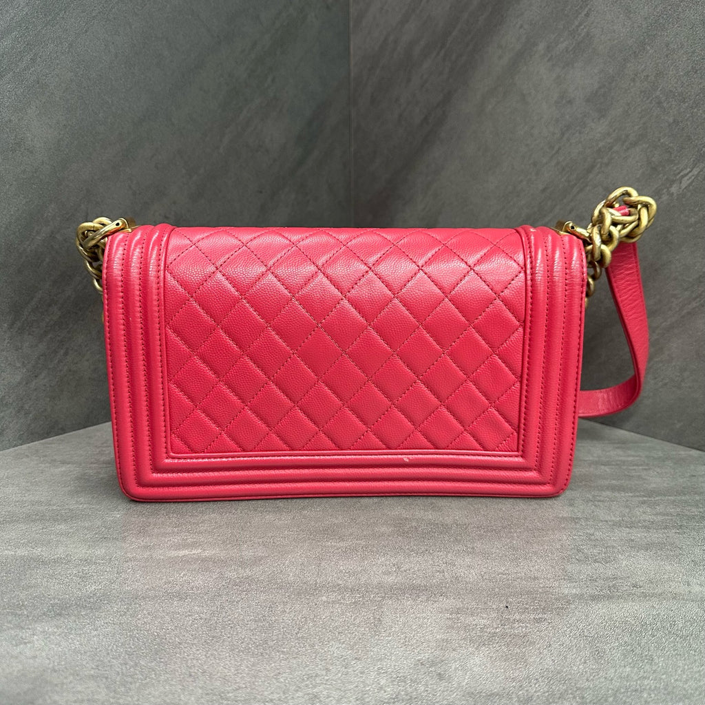 Chanel Le Boy Pink Gold Hardware Litchi Grain Leather Medium 24cm