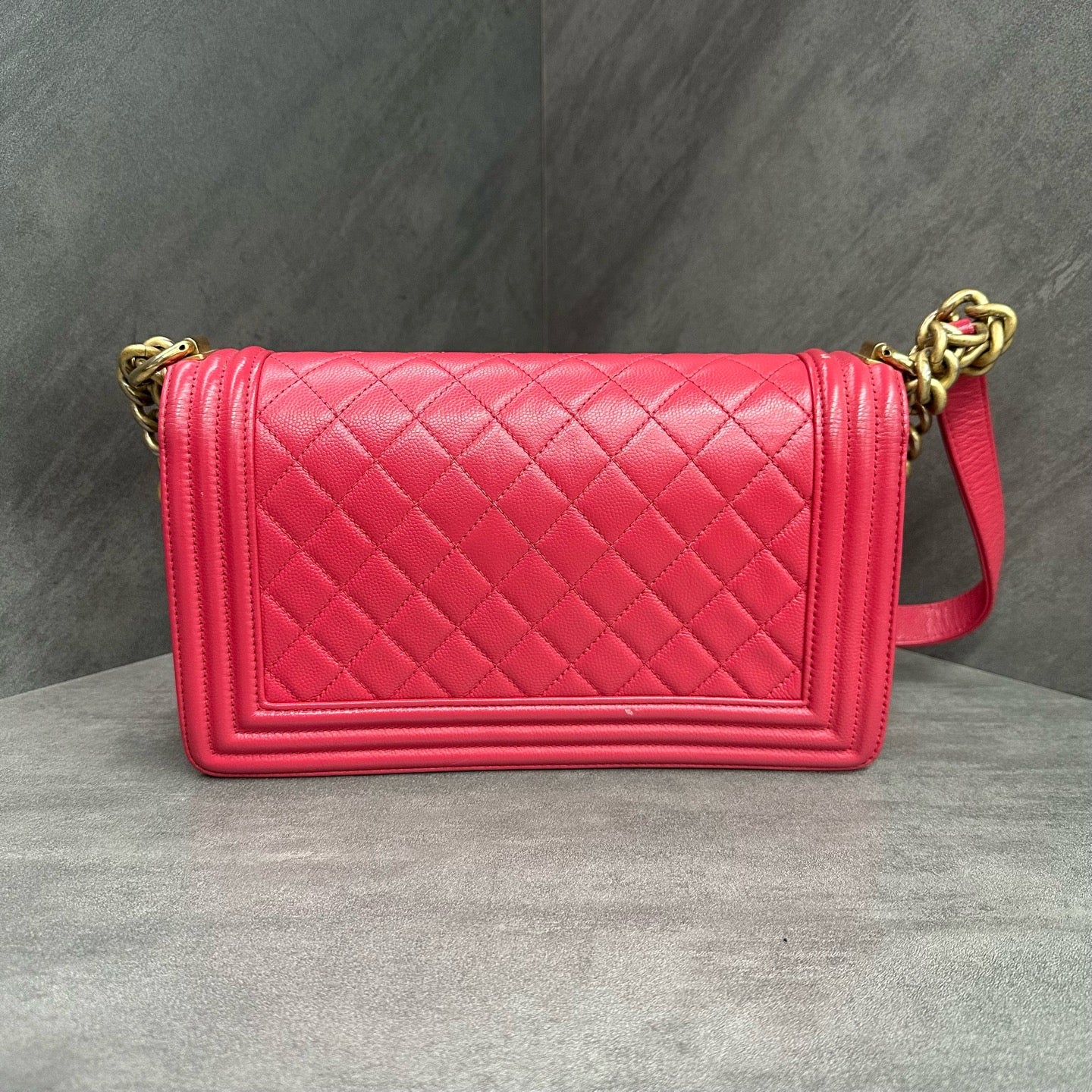 Chanel Le Boy Pink Gold Hardware Litchi Grain Leather Medium 24cm