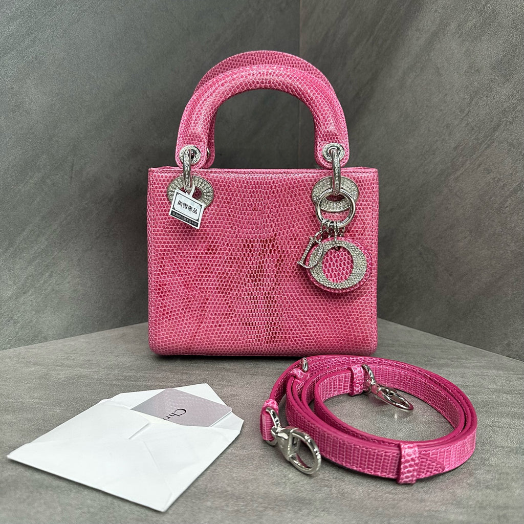 Dior Lady Dior Mini Pink Lizard Skin with Diamond Clasp Handbag Shoulder Bag, Base Length 17cm, Year 2015
