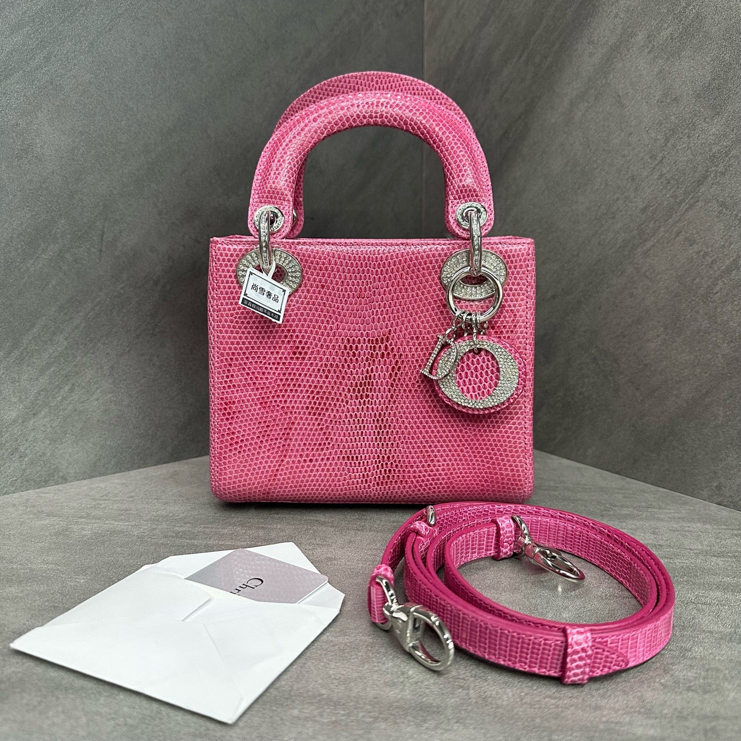 Dior Lady Dior Mini Pink Lizard Skin with Diamond Clasp Handbag Shoulder Bag, Base Length 17cm, Year 2015