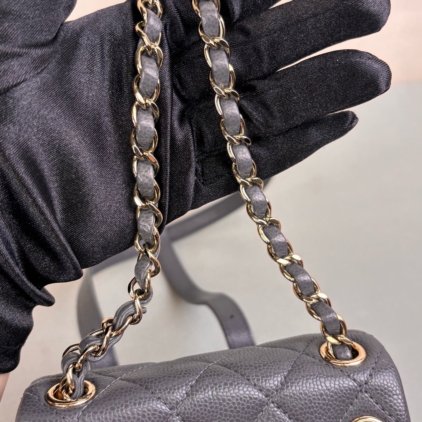 Chanel Duma Frog Bag Small Backpack in Grey and Gold Litchi Leather, 99% New, Size 18*17.
