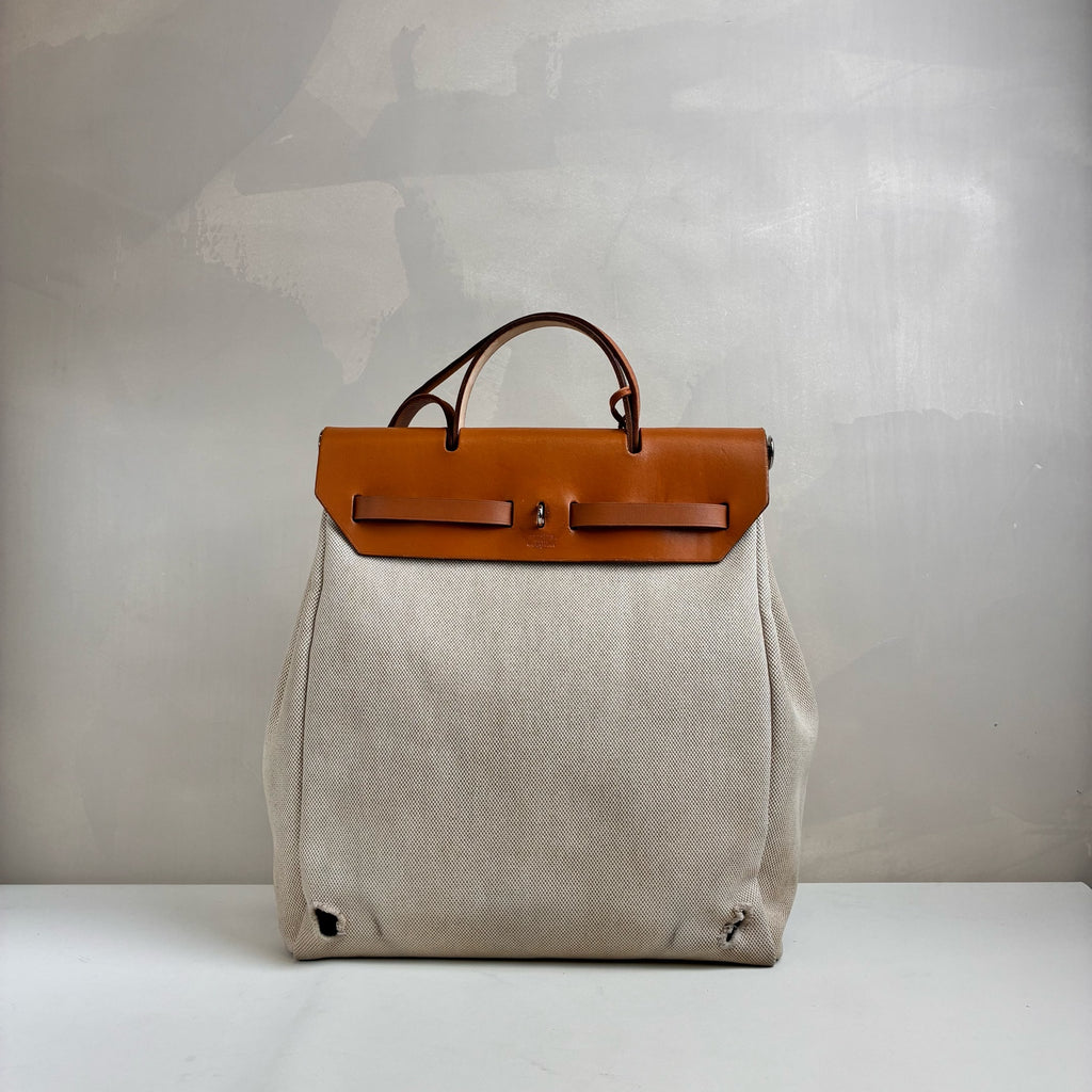Hermès/Herbag Off-white with Brown Material Canvas Frame E Engraving 97% New Size 31*18