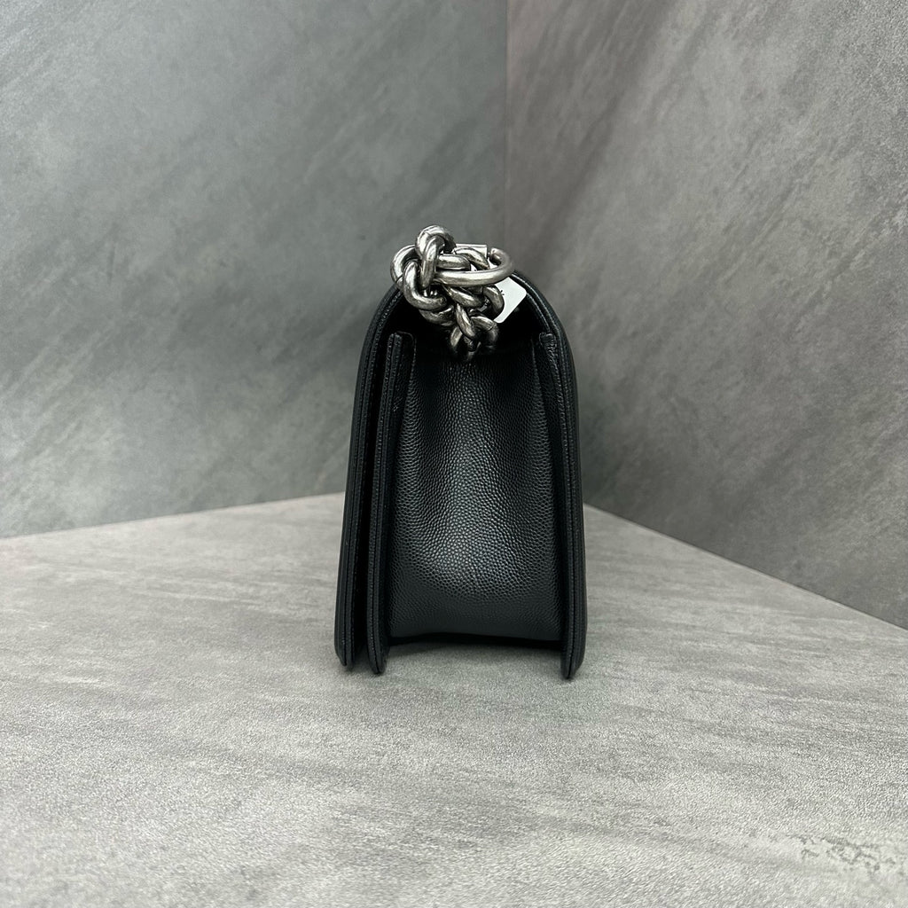Chanel Leboy medium size, black silver grained calfskin, microchipped version, structured silhouette, clean interior
