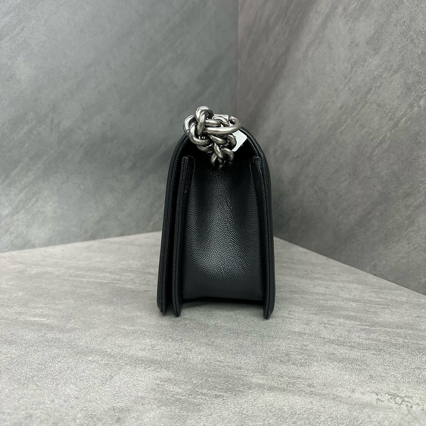 Chanel Leboy medium size, black silver grained calfskin, microchipped version, structured silhouette, clean interior