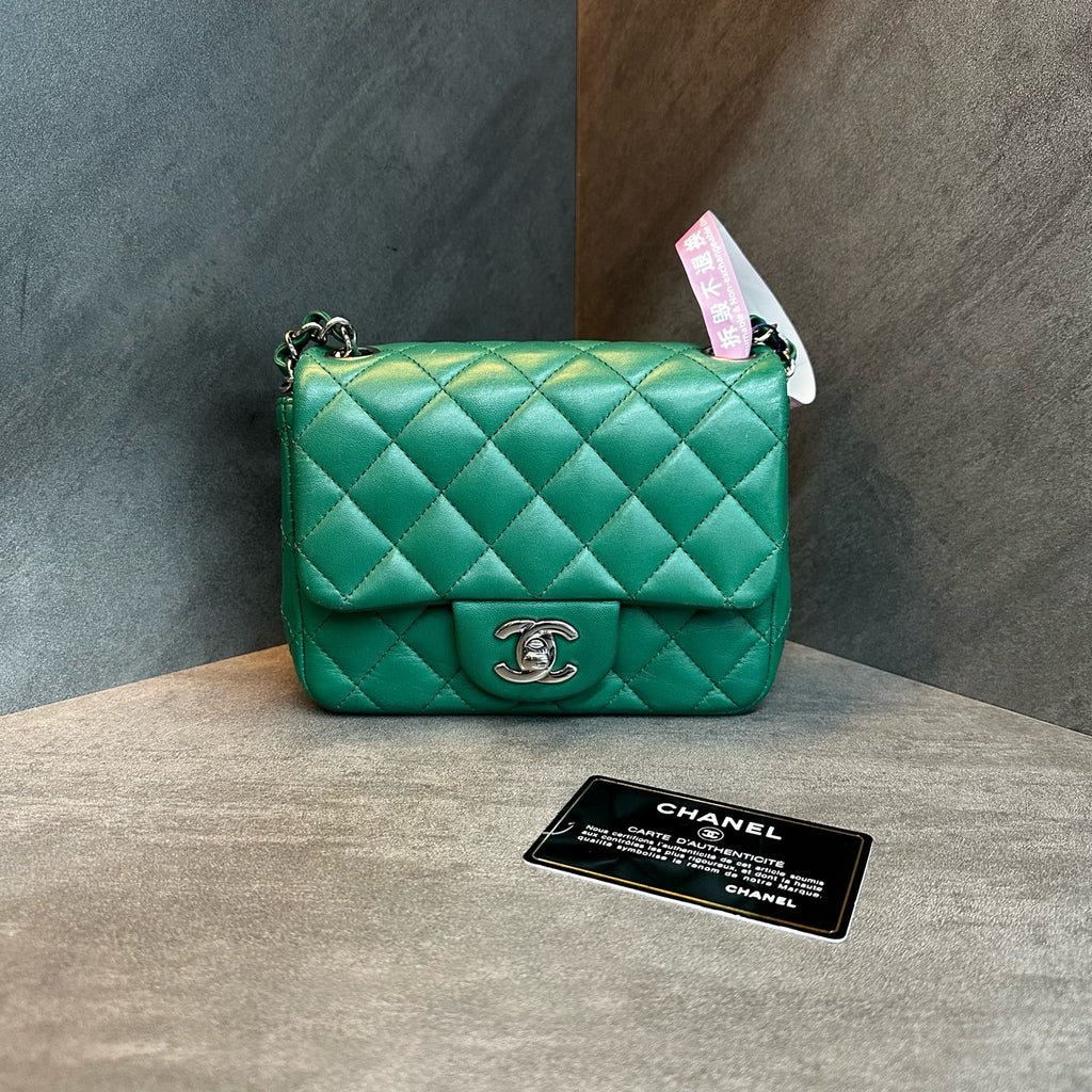 Chanel CF Square Flap Bag, green with silver-tone hardware, chain strap, 2022 production code, with authenticity card, structured shape, clean interior