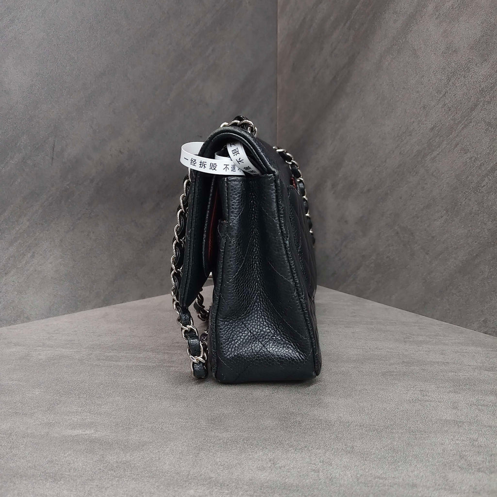 Chanel Cf Black and Silver Medium Litchi Leather 23 with No Card