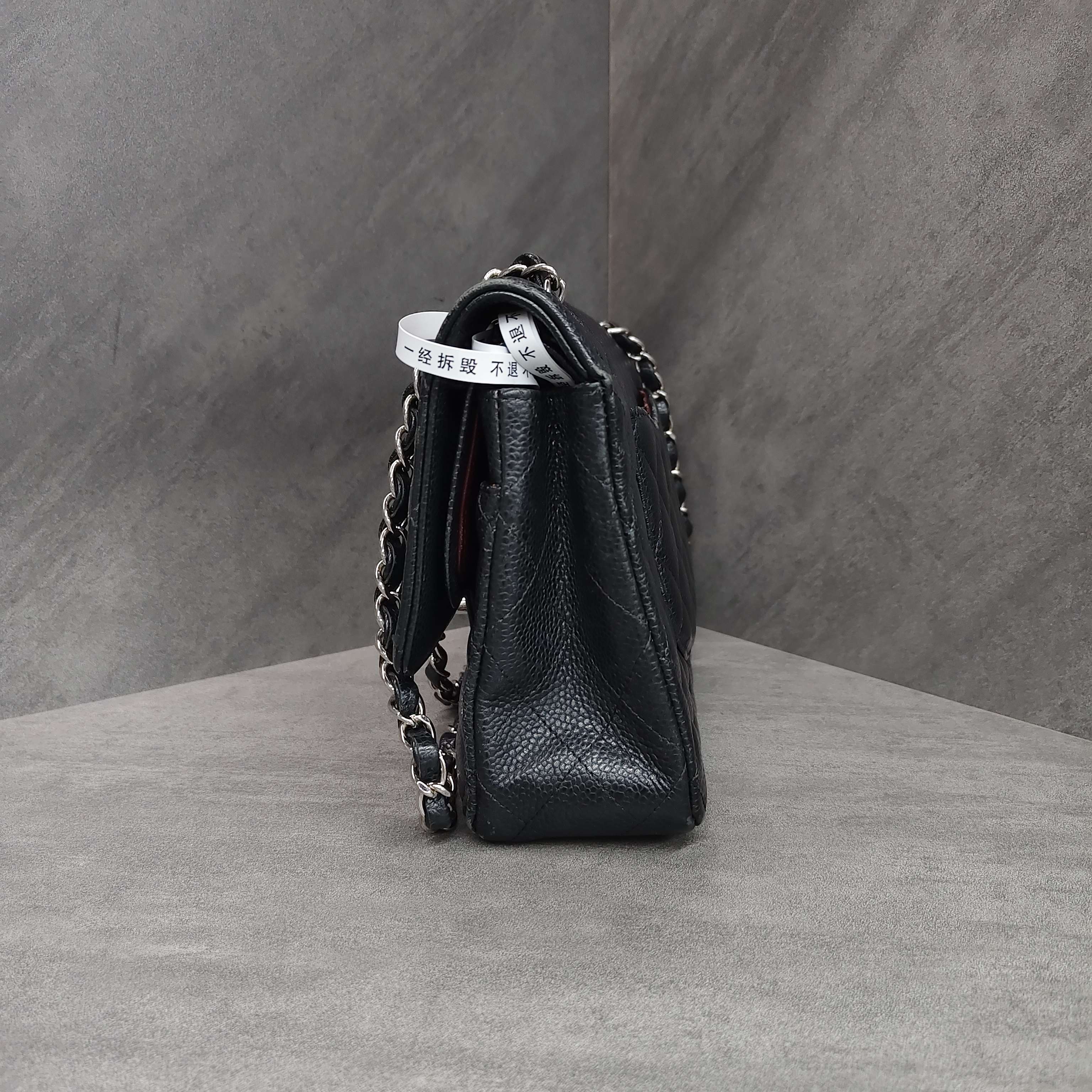 Chanel Cf Black and Silver Medium Litchi Leather 23 with No Card