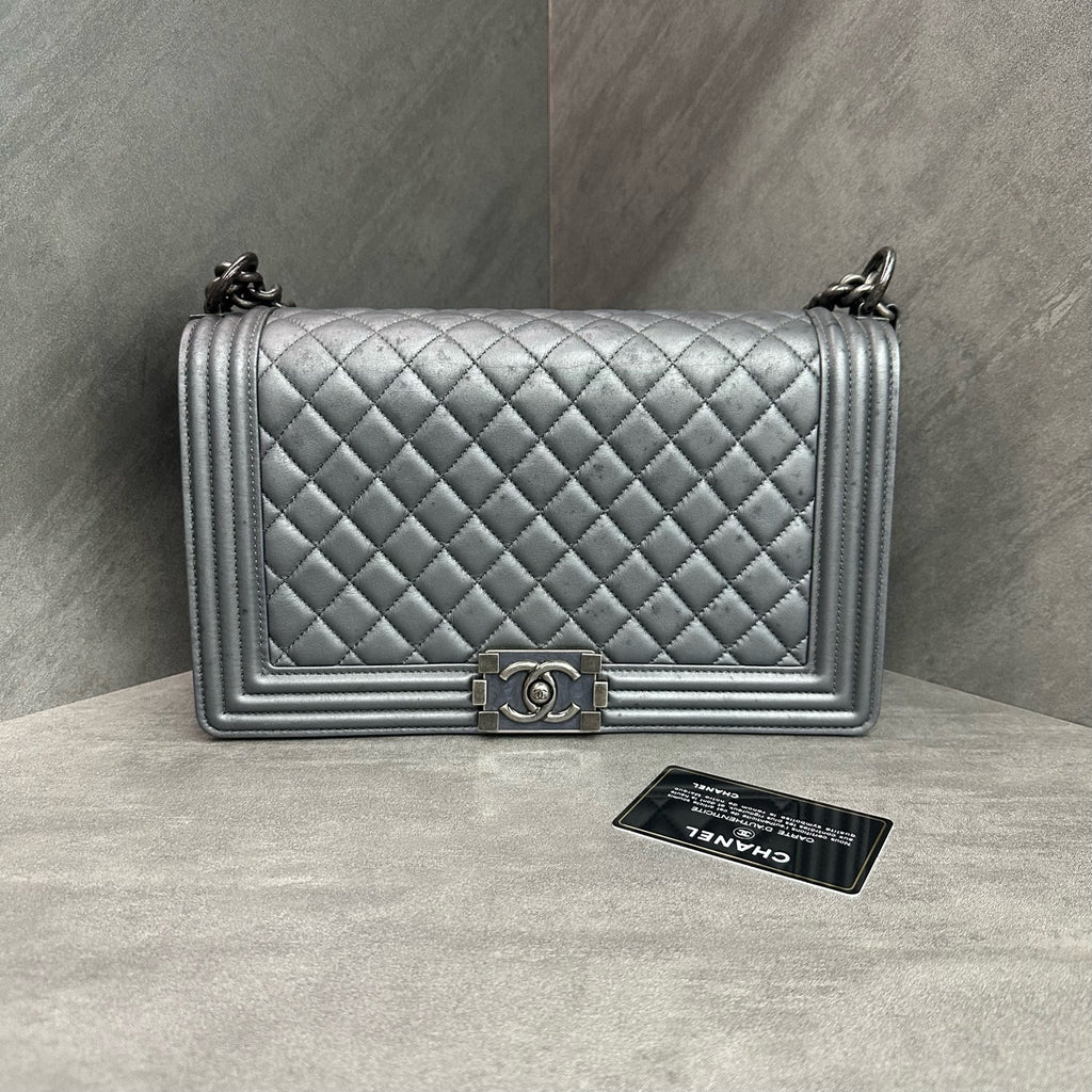 Chanel Leboy Medium-Large, Silver-Grey Smooth Calfskin, Silver Hardware, 20 Series with Authenticity Card