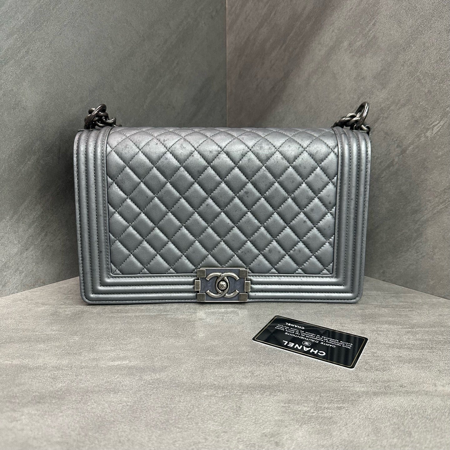Chanel Leboy Medium-Large, Silver-Grey Smooth Calfskin, Silver Hardware, 20 Series with Authenticity Card