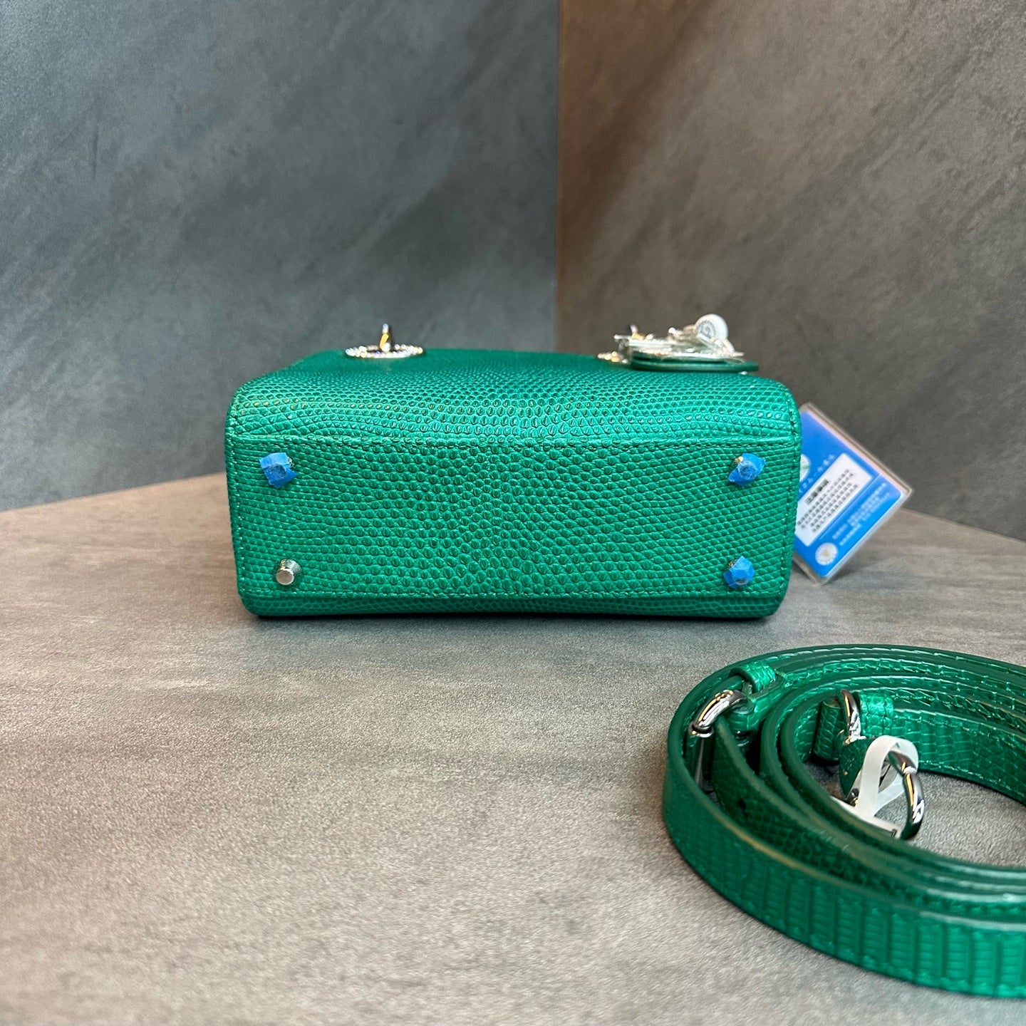 Dior Lady Dior Small Cannage Handle Bag, Emerald Lizard Skin, Diamond-Embellished Clasp, 2021 Serial Code