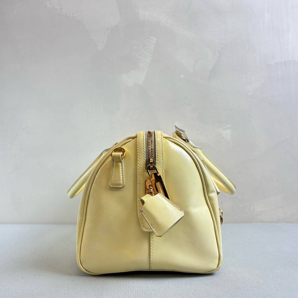 Prada 98% New Chick Yellow Patent Leather Boston Tote Handbag Crossbody Bag Saffiano Texture Size 32*17