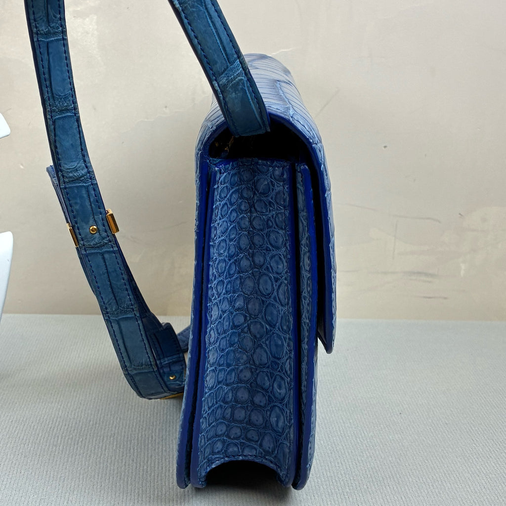 99% New CELINE Box Medium Fog Blue with Gold Hardware Matte Crocodile Leather Shoulder Crossbody Bag 2012 Size 24*18 12