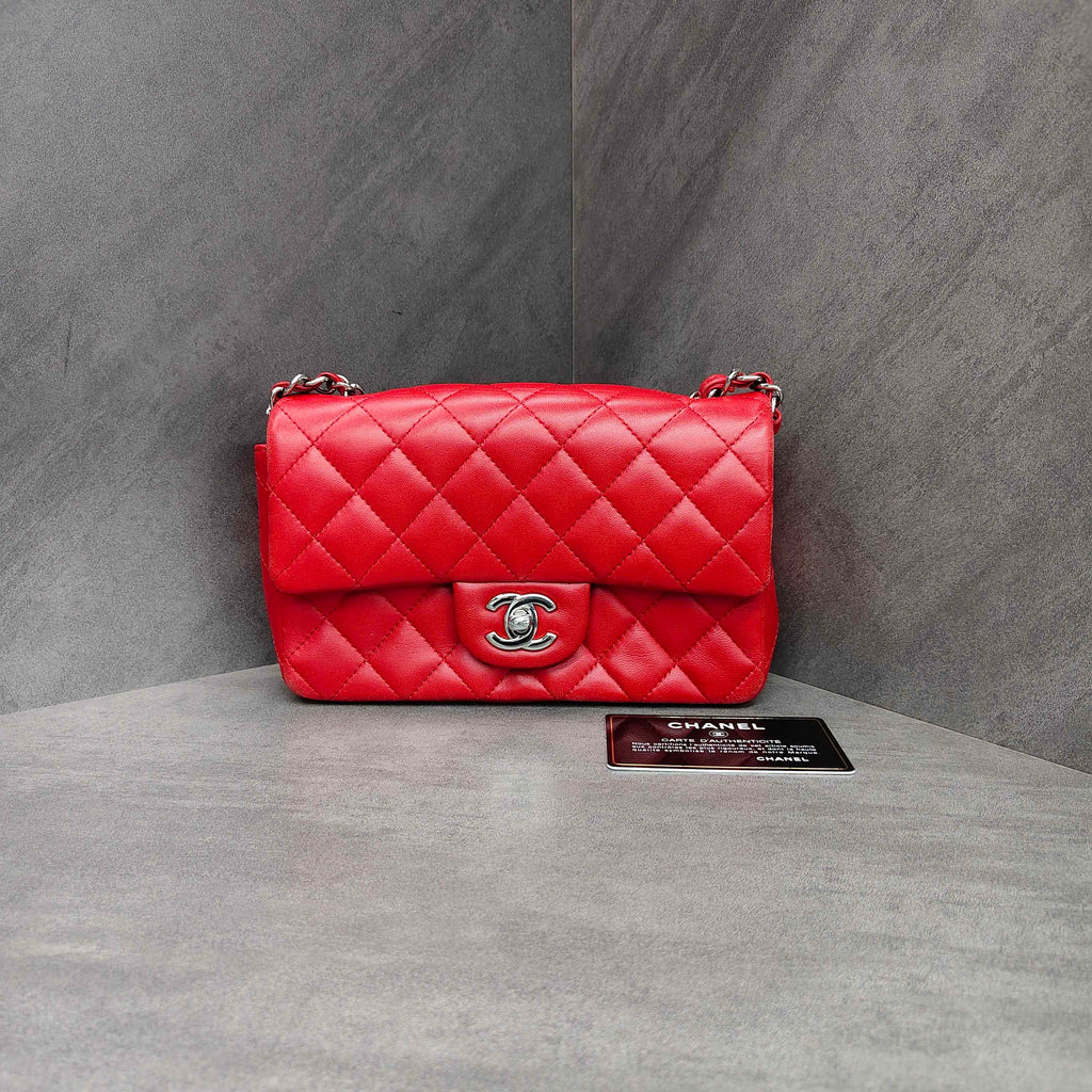 Chanel CF Squared Bag Red Silver Lambskin Chain Bag 18K with Cards Structured Shape Clean Interior #Chanel/Chanel