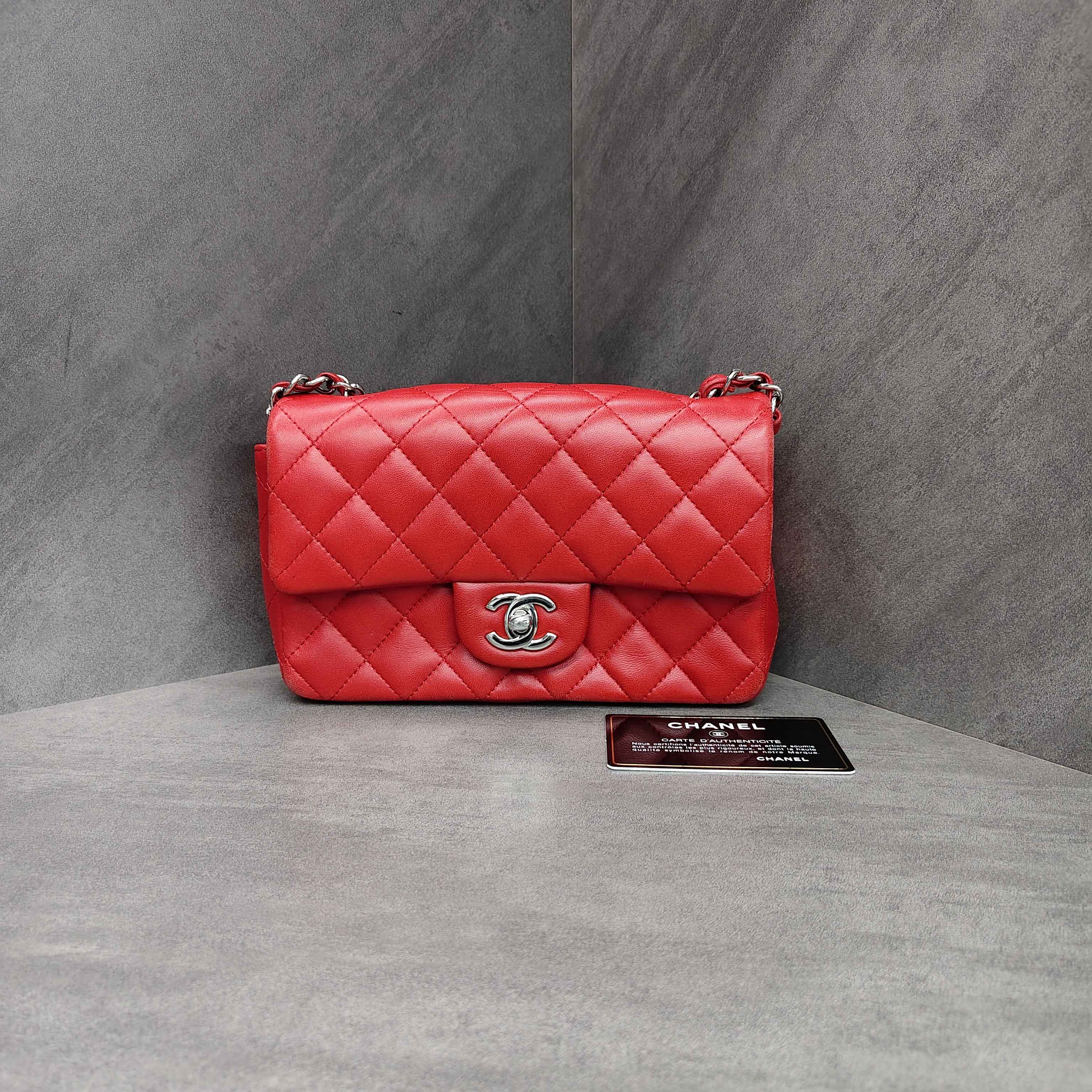 Chanel CF Squared Bag Red Silver Lambskin Chain Bag 18K with Cards Structured Shape Clean Interior #Chanel/Chanel