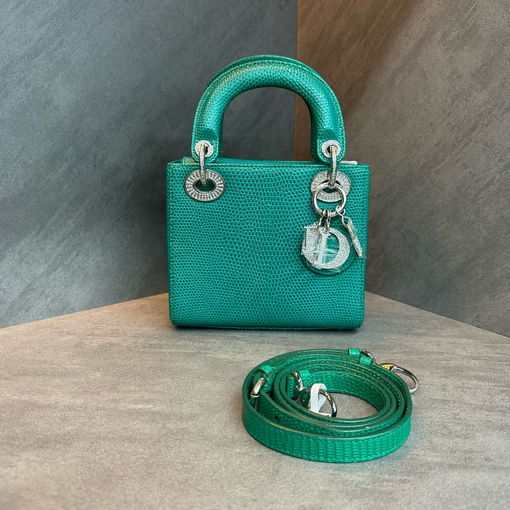 Dior Lady Dior Small Cannage Handle Bag, Emerald Lizard Skin, Diamond-Embellished Clasp, 2021 Serial Code