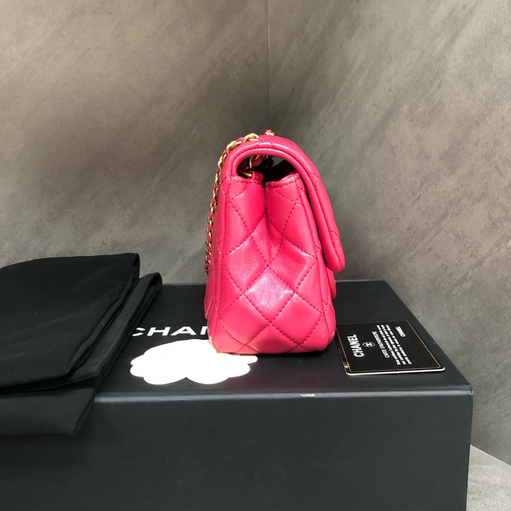 Full set of Chanel Classic Flap with gold-tone hardware square, deep rose pink, 29 serial code, with authenticity card, partial protective film intact