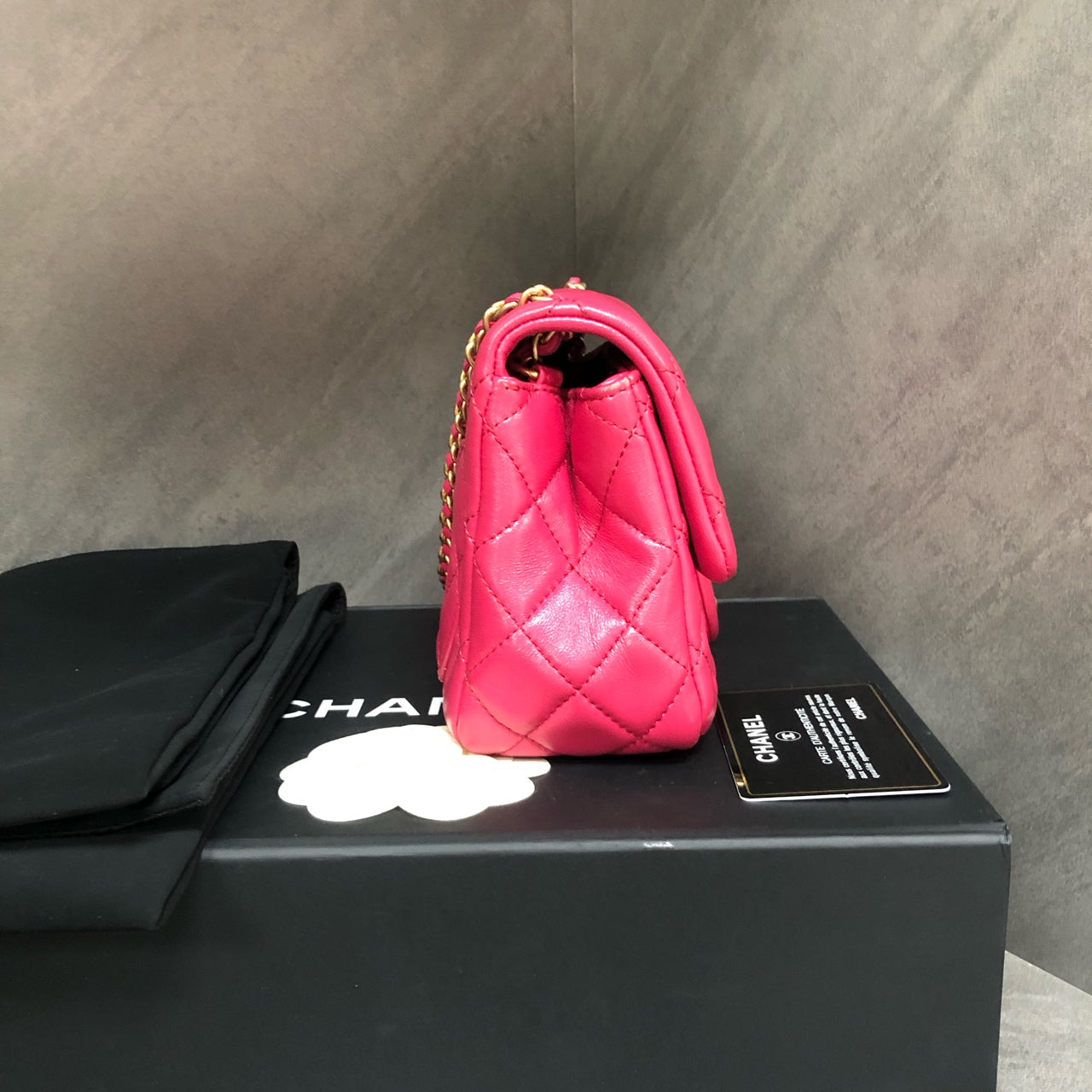 Full set of Chanel Classic Flap with gold-tone hardware square, deep rose pink, 29 serial code, with authenticity card, partial protective film intact