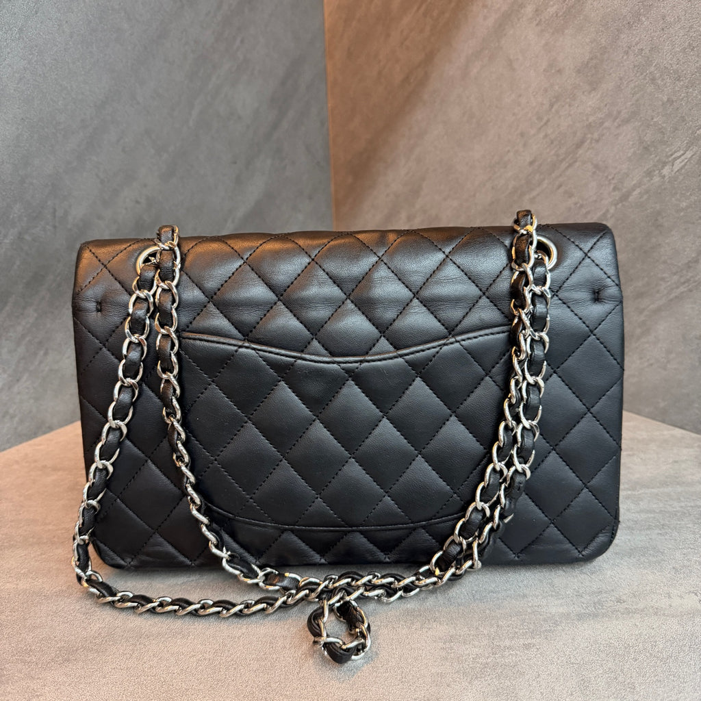 Chanel Classic Flap medium black silver lambskin bag, structured silhouette, clean interior, 15-series stamp with authenticity card