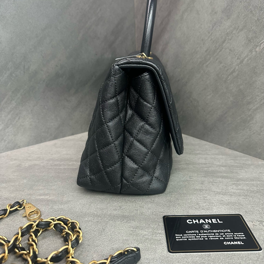 Chanel Coco Handle Medium Black-Gold Litchi Leather Chain Bag 25 with Card