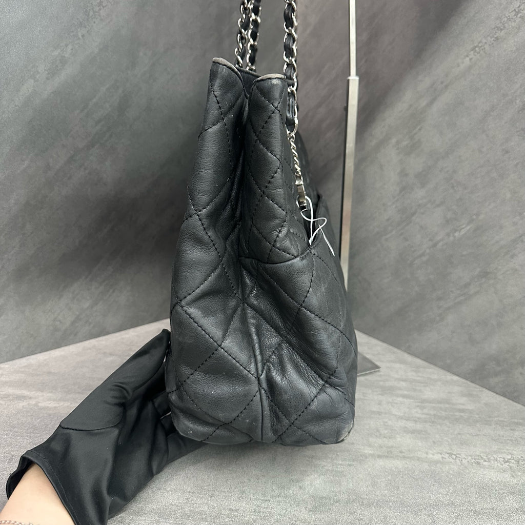 Chanel Quilted Tote Bag, Laser Marked 14th Batch, Black Cowhide Silver Shoulder Bag