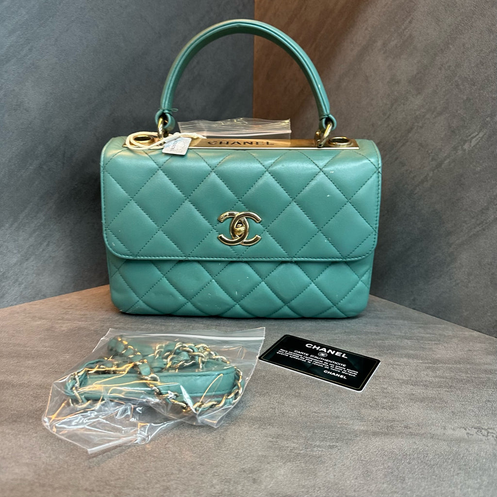 Chanel trendy cc Mint Green gold buckle sheepskin handle bill of lading shoulder bag bottom length 25cm 20 opening strap card