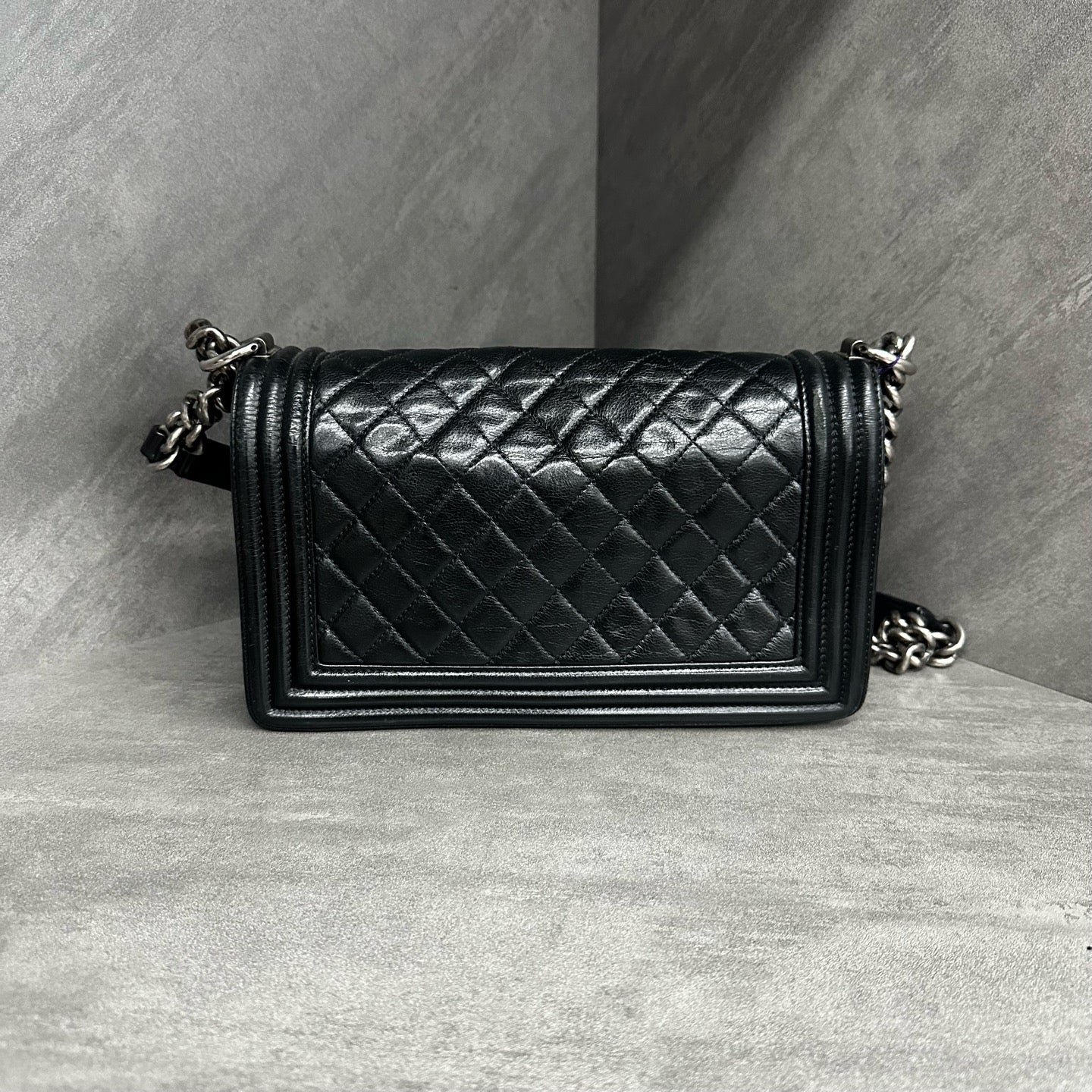 Chanel leboy Medium Black Silver Calfskin Chain Bag, 18-series