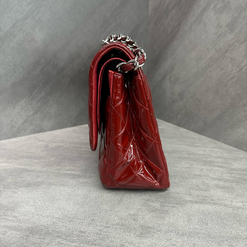 Chanel CF Jumbo Wine Red Silver Hardware Patent Leather Chain Bag 15cm, Structured Shape, Clean Interior