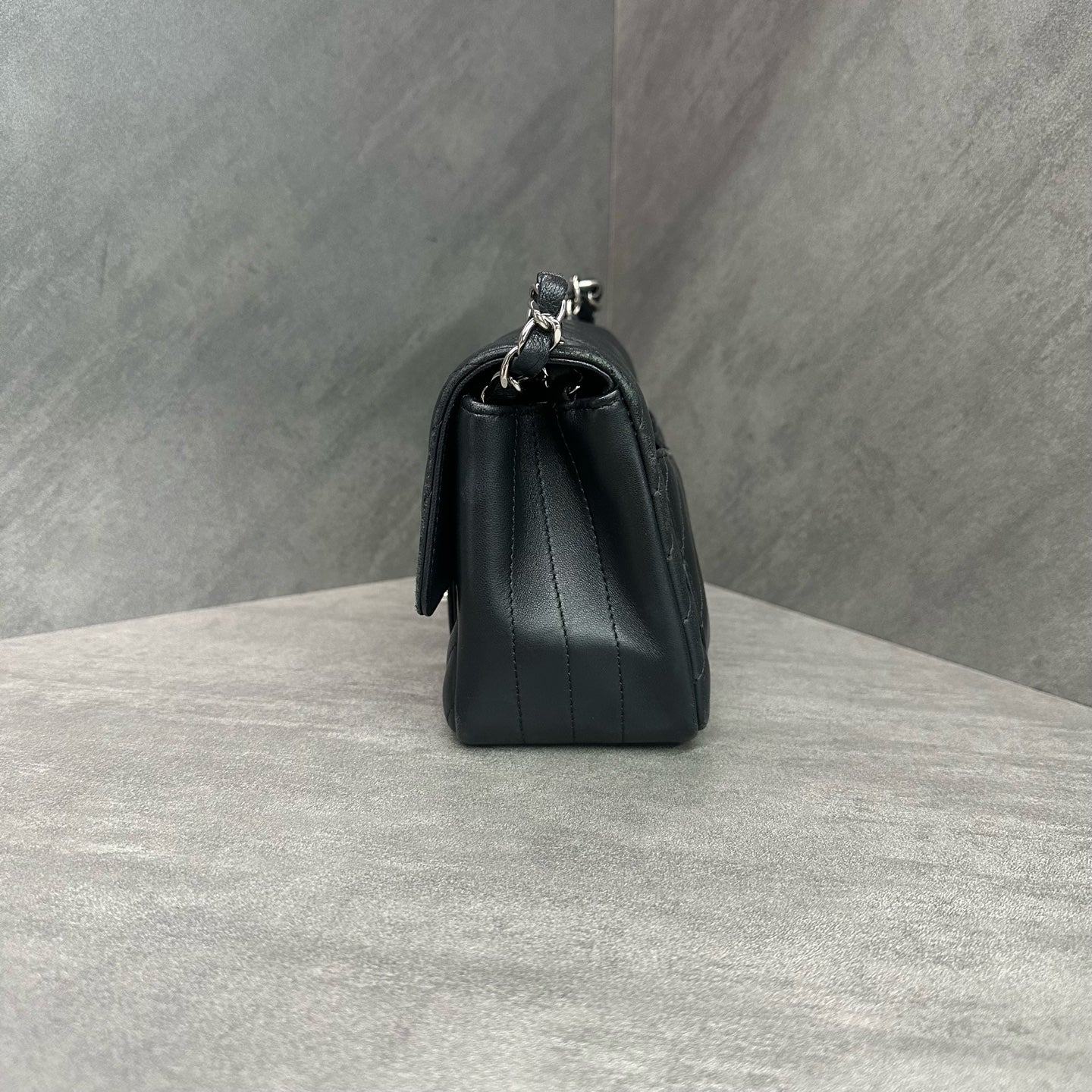 Chanel CF Square Chunky Black and Silver V-Quilted Lambskin Chain Bag 30, Structured Shape, Clean Interior